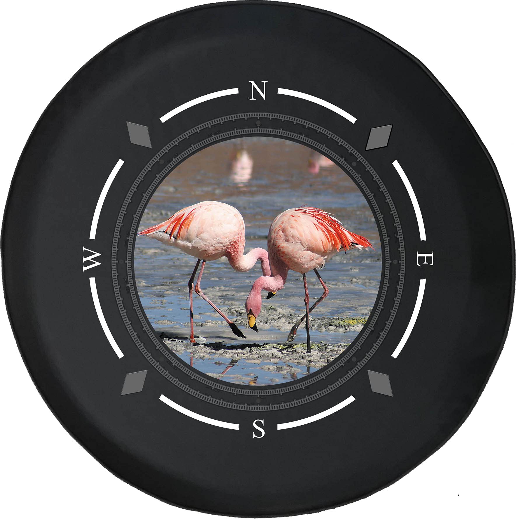 American Unlimited Spare Tire Cover with Compass & Pink Flamingos Design - Universal Fit for SUV, Trailer, RV & Most Vehicles - Durable Wheel Protector for Outdoor Adventures & Road Trips