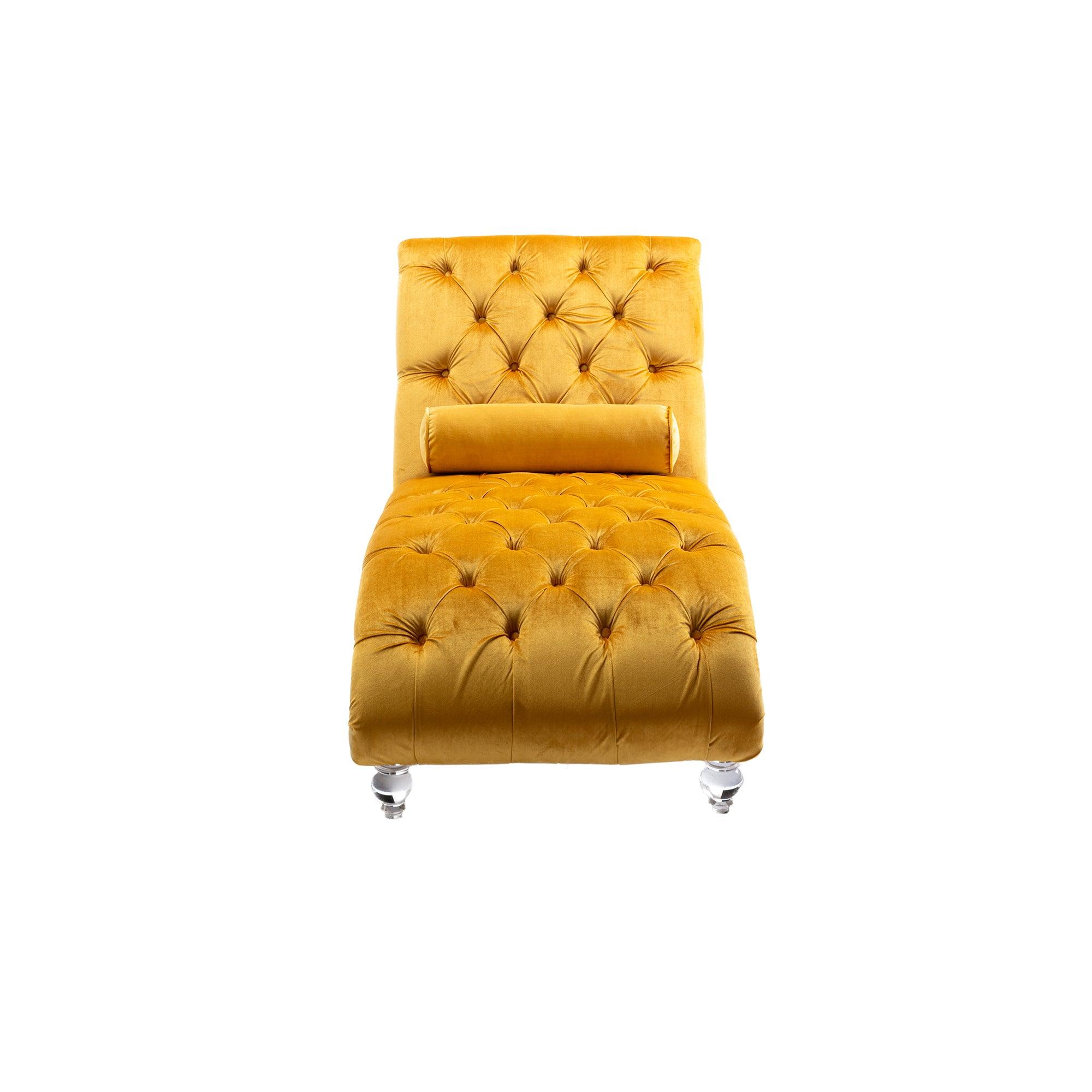 COOMORE Velvet Chaise Lounge Chair - Button Tufted Upholstered Sofa with Pillow, Mustard Velvet for Bedroom, Living Room & Office | Perfect for Reading Nook, Lounge Area & Home Decor