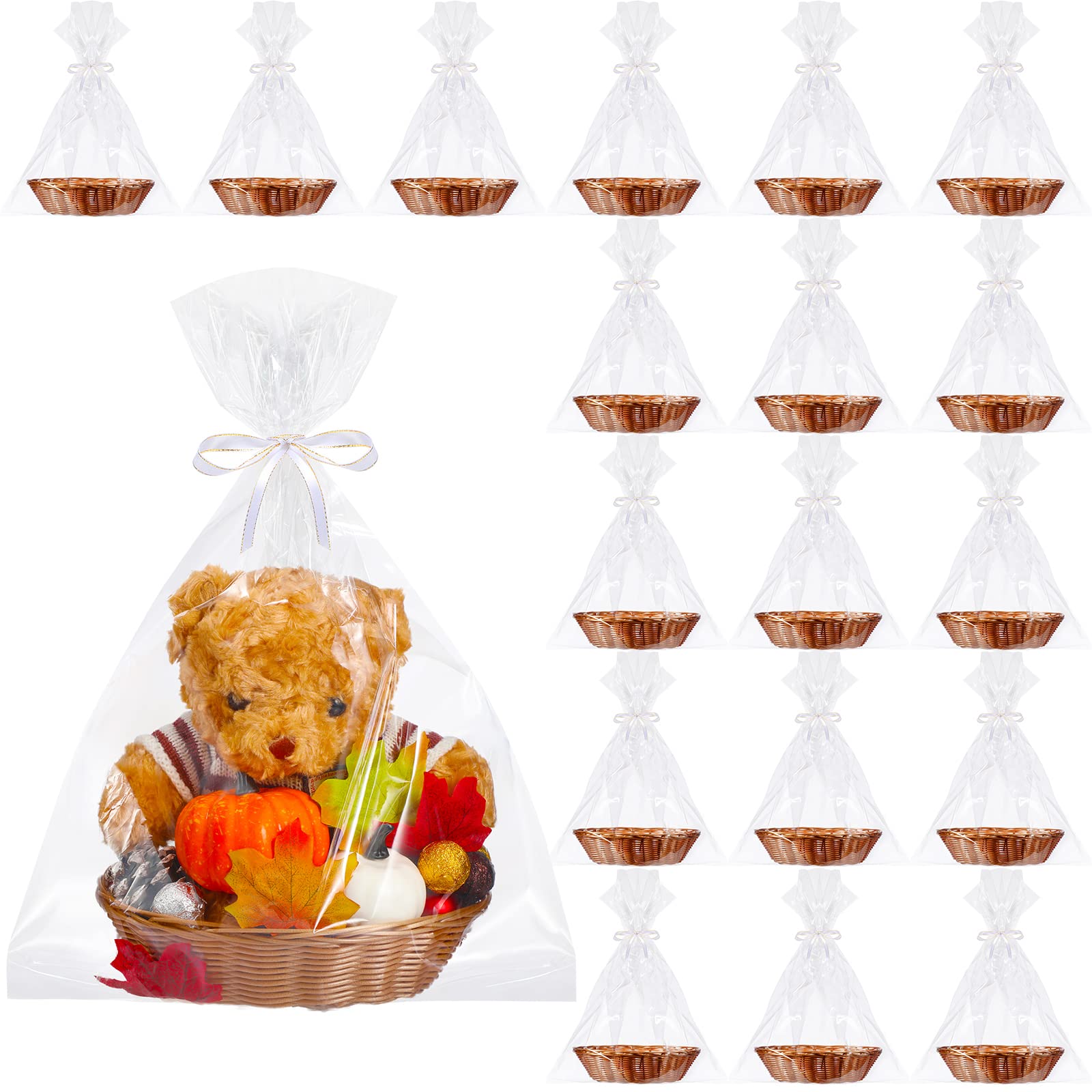 Chengu 18-Piece Plastic Storage Basket Set - Oval Woven Gift Baskets with 20 Clear Bags for Food Serving, Display & Organization | Perfect for Thanksgiving, Party Favors, Home Decor & Kitchen Storage