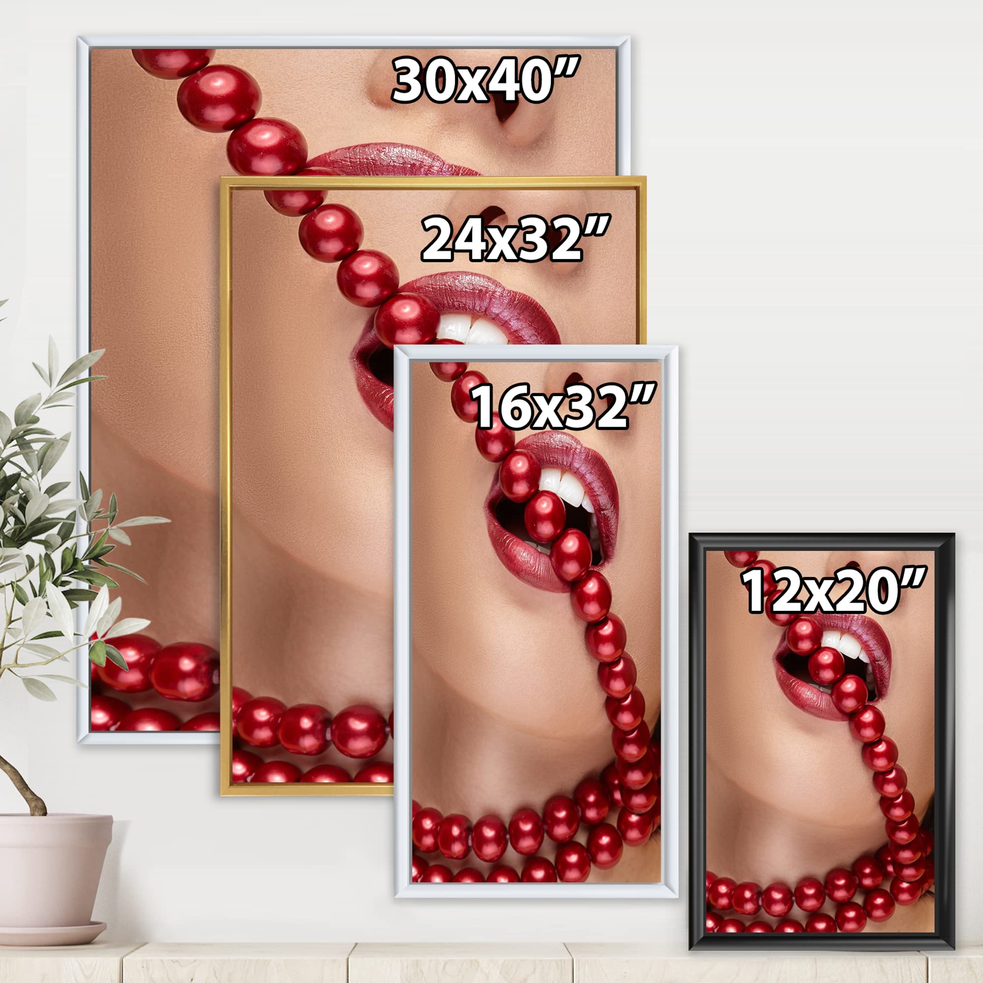 Modern Framed Canvas Wall Art Print - Woman with Red Lipstick Biting Pearls | Elegant Home Decor for Living Room, Bedroom & Office