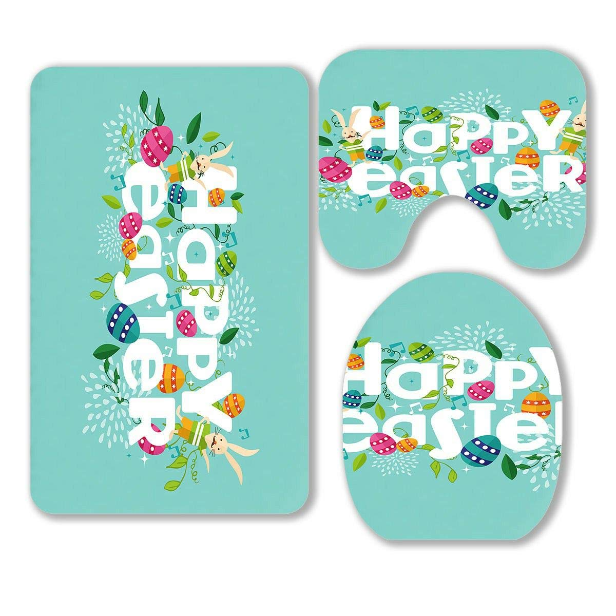 Colorful Happy Easter Bathroom Rug Set - 3 Piece Floral Egg & Bunny Bath Mat, Contour Mat & Toilet Lid Cover for Spring Decor | Non-Slip Soft Bath Rugs for Holiday Home Decor, Easter Gift Idea