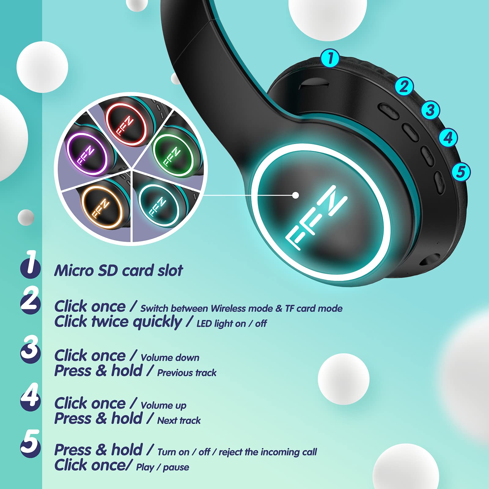 FFZ Kids Wireless Headphones with LED Lights - Bluetooth 5.0 Over-Ear Headset with Built-in Mic, Foldable Design & Soft Earpads for Boys & Girls - Ideal for School, Travel, Airplane, iPad & Home Use (Black)