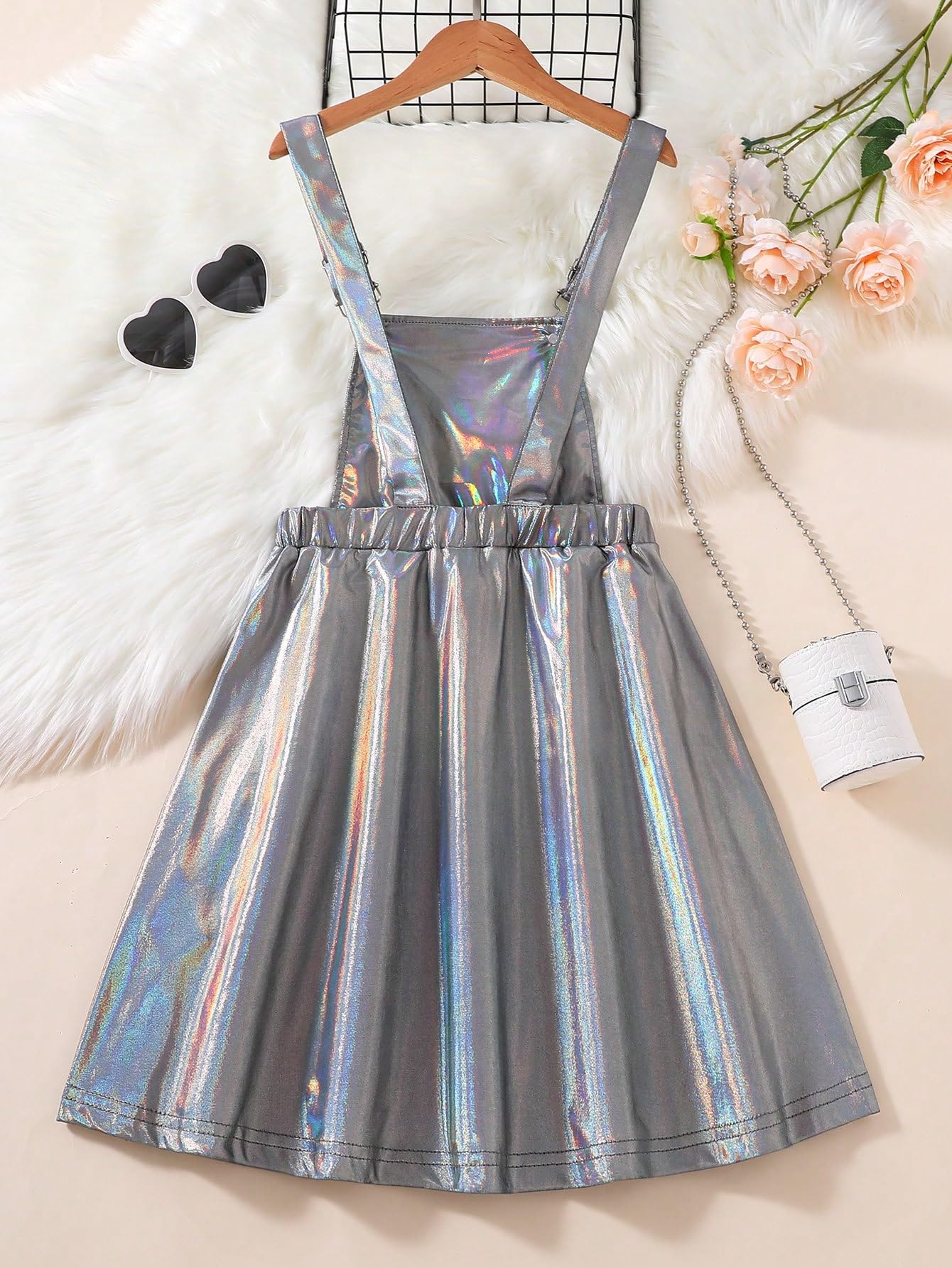WDIRARA Girls' Metallic High Waist Overalls Holographic Suspender Party Dress with Flared Skirt - Perfect for Birthday Parties, Photo Shoots & Special Occasions