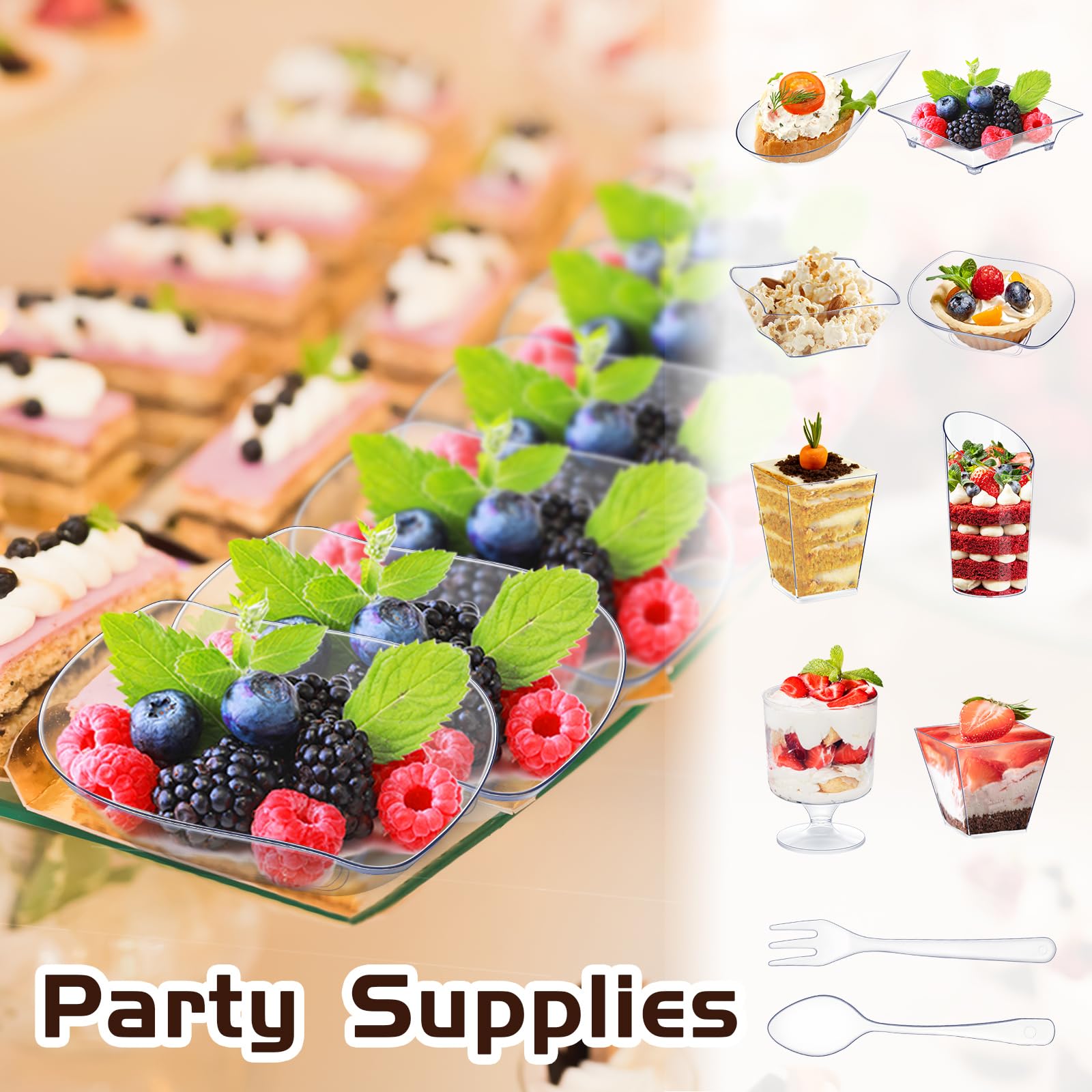 160-Piece Mini Clear Plastic Appetizer Plates & Dessert Cups Set with Spoons & Forks - Disposable Party Serving Supplies for Weddings, Birthdays, Catering (Assorted Shapes)