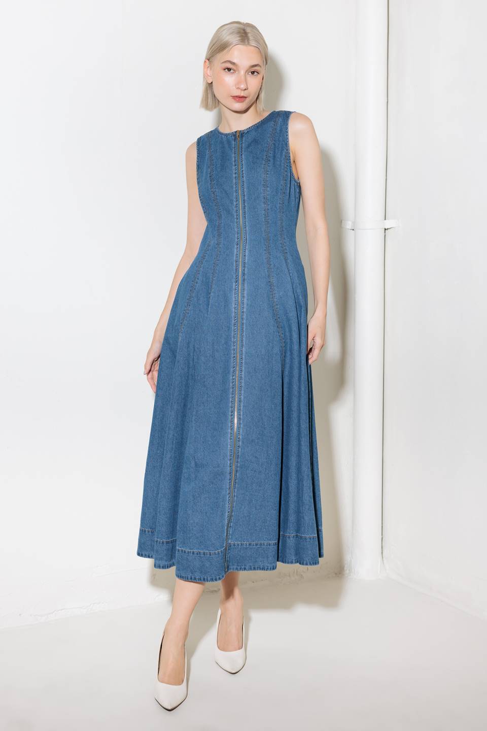 Perry Washed Denim Midi Dress for Women - Vintage Style Stretch Denim Dress with Pockets - Perfect for Casual Outings, Date Nights & Summer Fashion