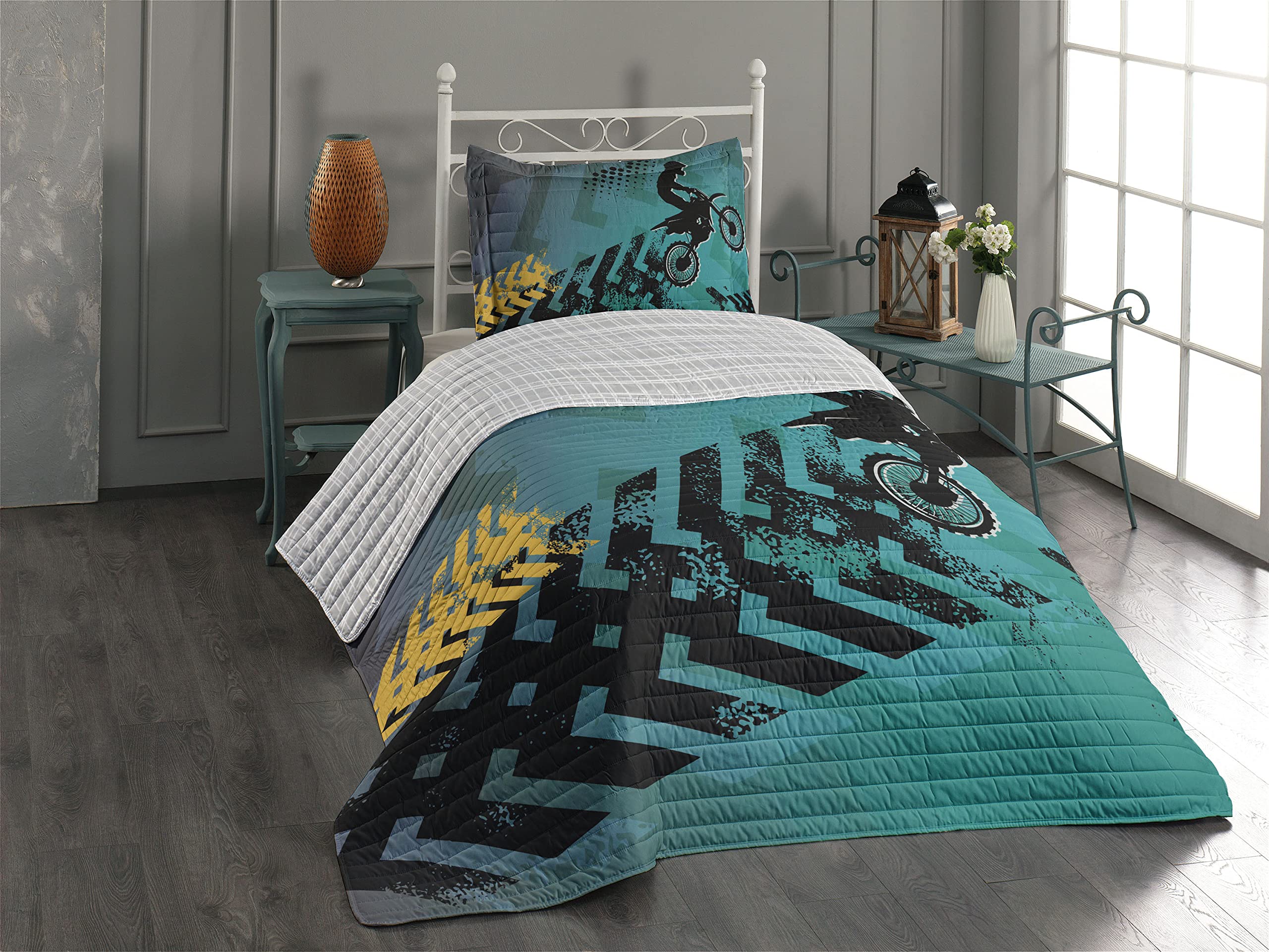 Ambesonne Reversible Dirt Bike Bedspread Set - Extreme Sports Stunt Racer Silhouette with Grunge Arrows Design - Microfiber Comforter & Pillow Shams - Twin Size in Teal, Pale Blue & Black - Perfect for Motocross Fans' Bedrooms & Dorm Decor