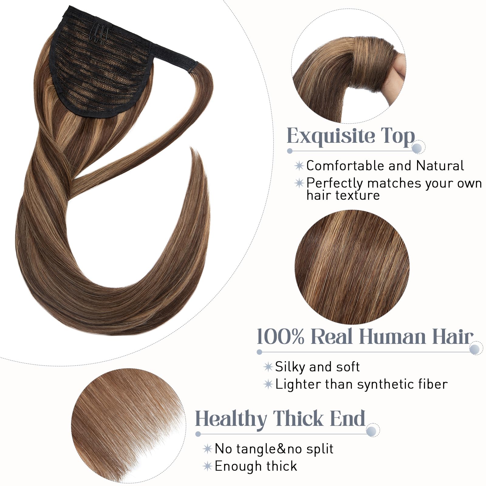 Premium Human Hair Ponytail Extension #4P27 - Medium Brown with Dark Blonde Highlights - 22 Inch Straight Clip-In Wrap Around Ponytail (90g) for Women - Perfect for Parties, Weddings & Everyday Styling