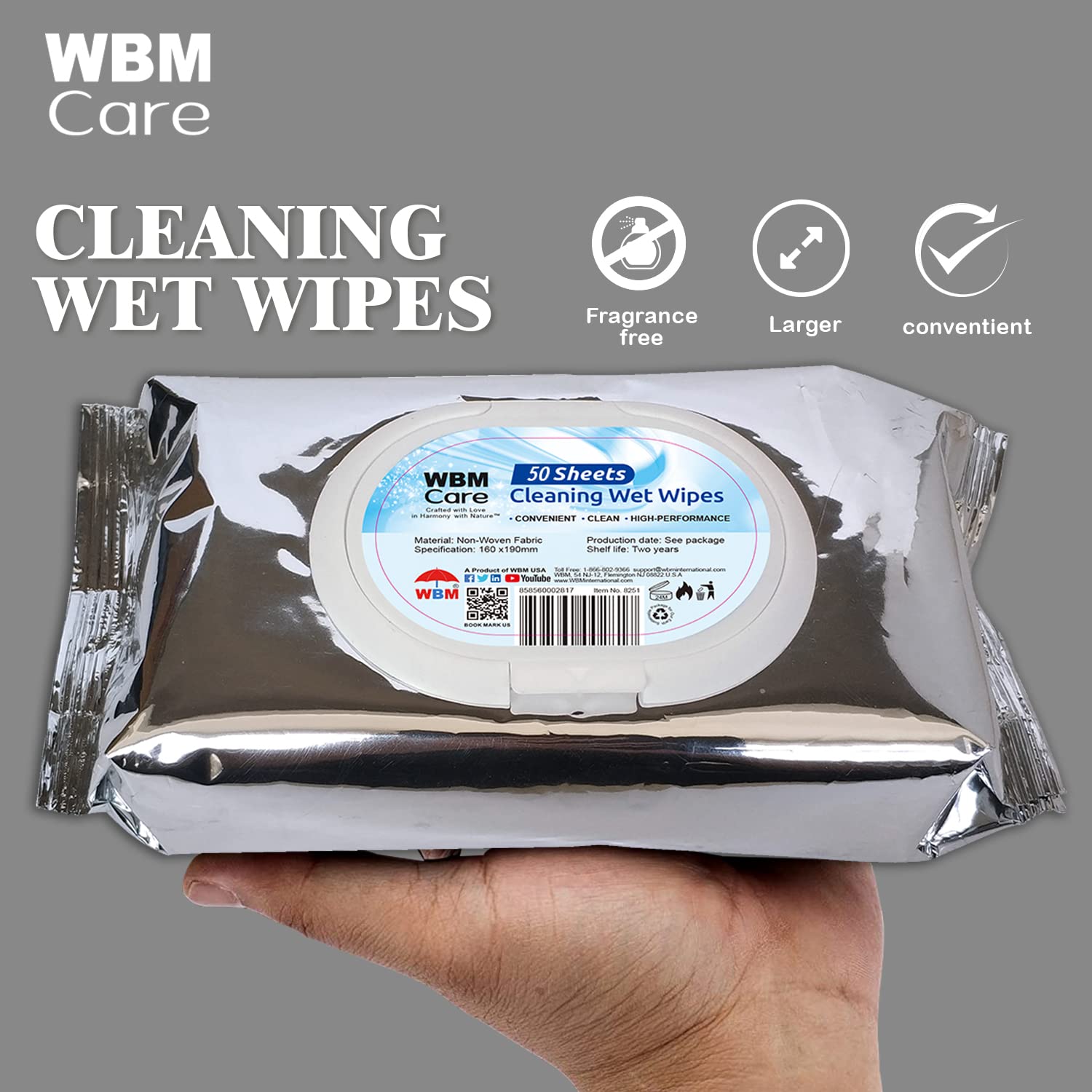 WBM Care Thick & Strong Unscented Wet Wipes - 50 Sheets per Pack (6 Packs) | Multi-Surface Cleaning Wipes with Flip-Top Dispenser | Ideal for Home, Office, Baby Care & Travel Use