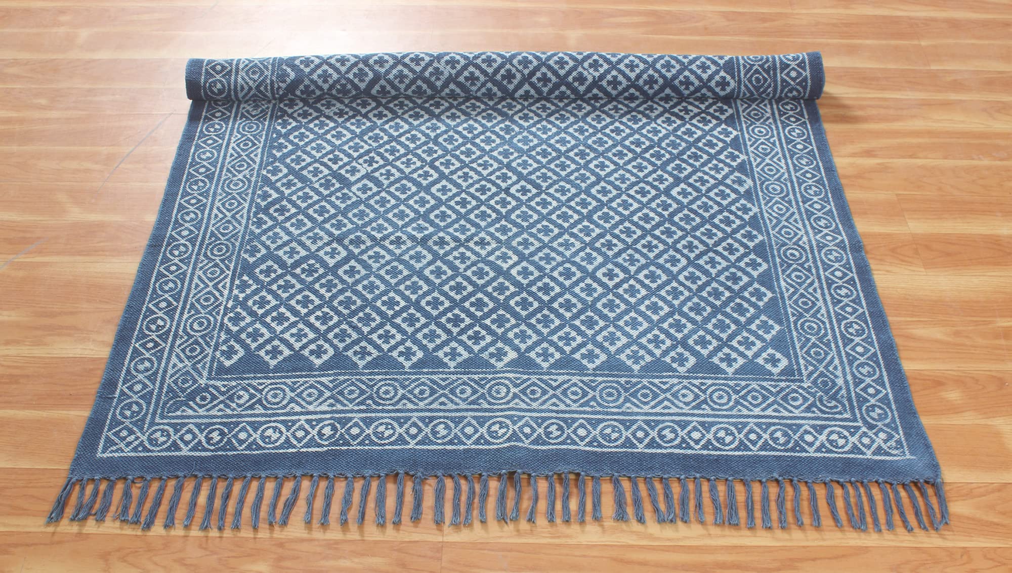Handmade Cotton Dhurrie Dabu Print Area Rug - 3x5 Feet Flat Weave Boho Kilim Carpet with Tassels | Durable Indoor/Outdoor Floor Decor for Living Room, Bedroom & Patio | 90x150 cm Eco-Friendly Throw Rug