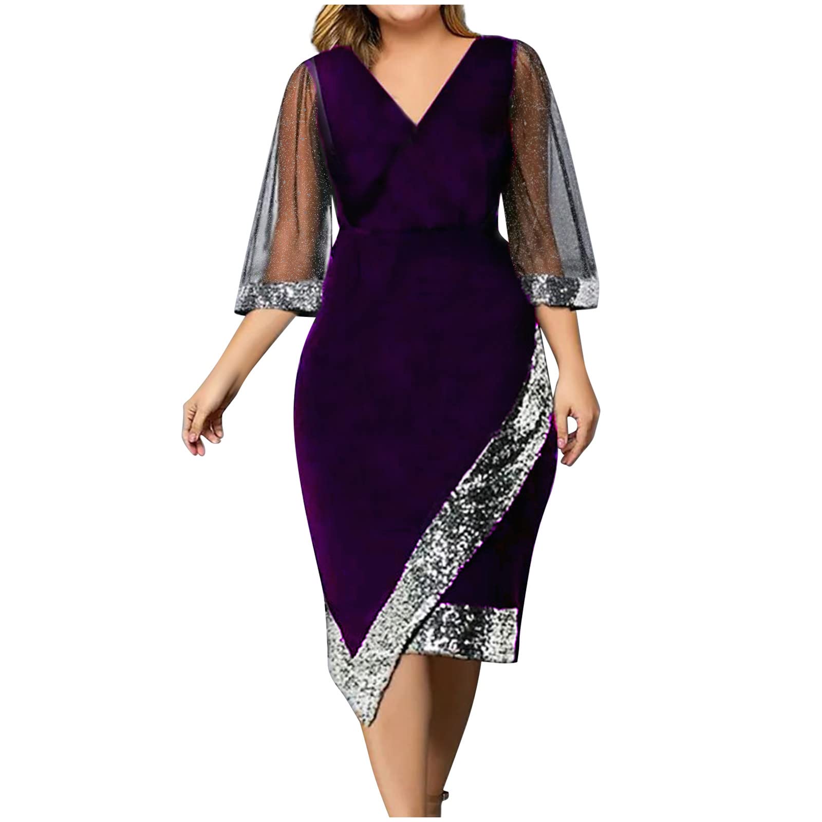 Women's V-Neck Velour Formal Pencil Midi Dress with Mesh 3/4 Sleeves - Perfect for Homecoming, Cocktail Parties & Evening Events