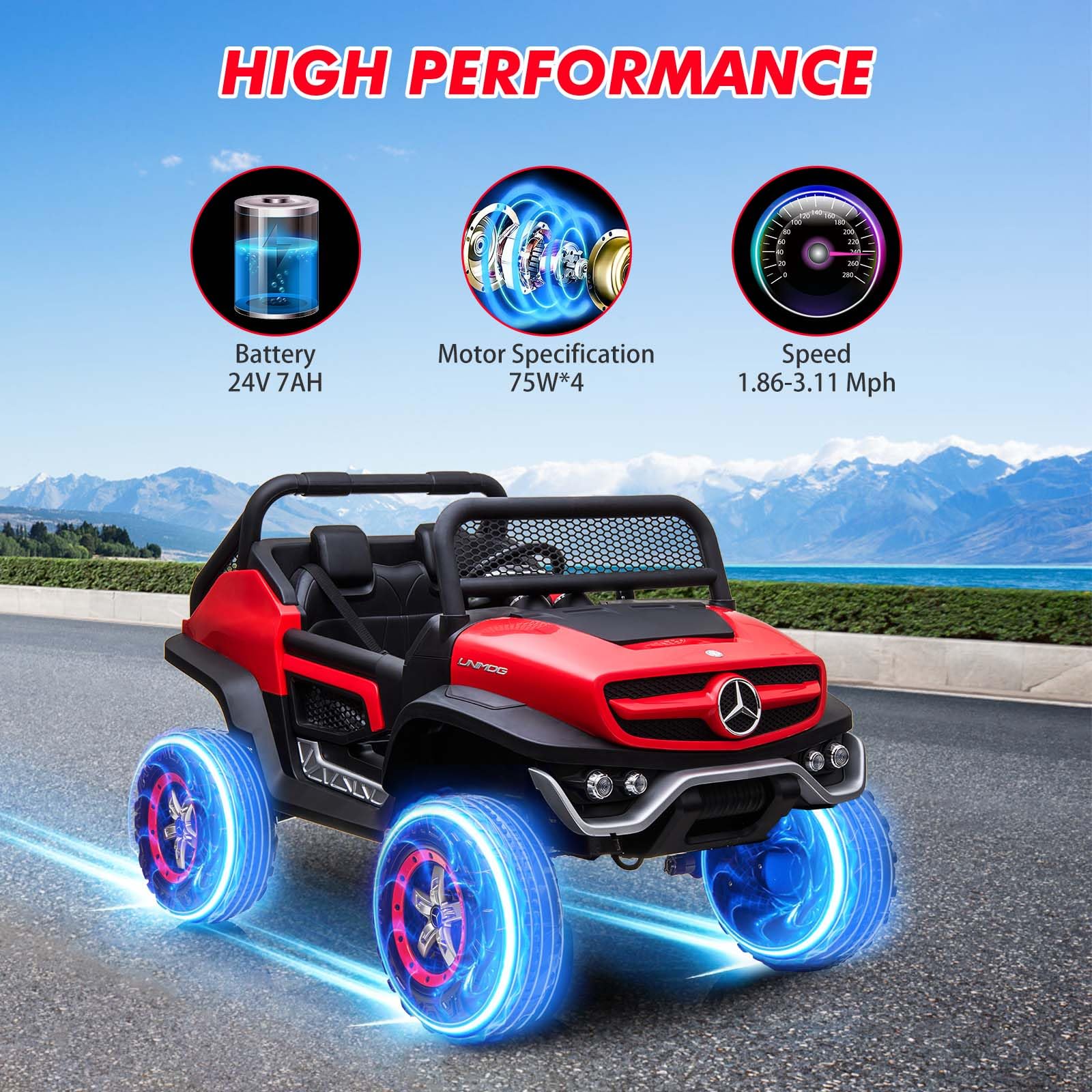 GARVEE 24V Kids Ride On Truck - 2 Seater Licensed Mercedes Benz Electric Toy Car with Remote Control, LED Lights & Music | Battery Display, Spring Suspension, Trunk | Perfect for Toddlers Outdoor Play & Birthday Gifts (Red)