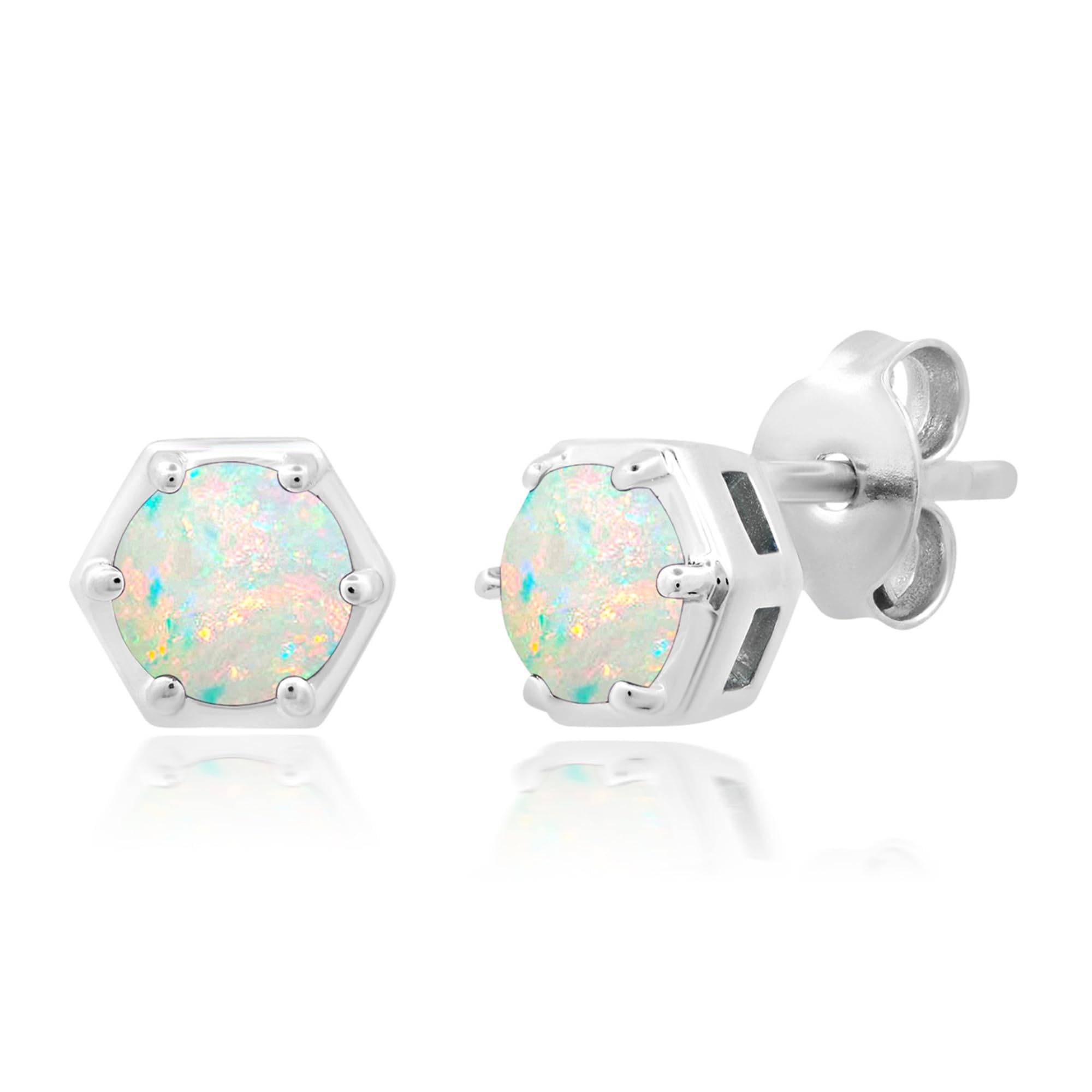 925 Sterling Silver Stud Earrings for Women - Round White Opal & Fire Opal Gemstone Earrings (5mm) | October Birthstone Jewelry | Hypoallergenic Hexagon Stud Earring Set | Perfect for Gifts, Daily Wear & Special Occasions