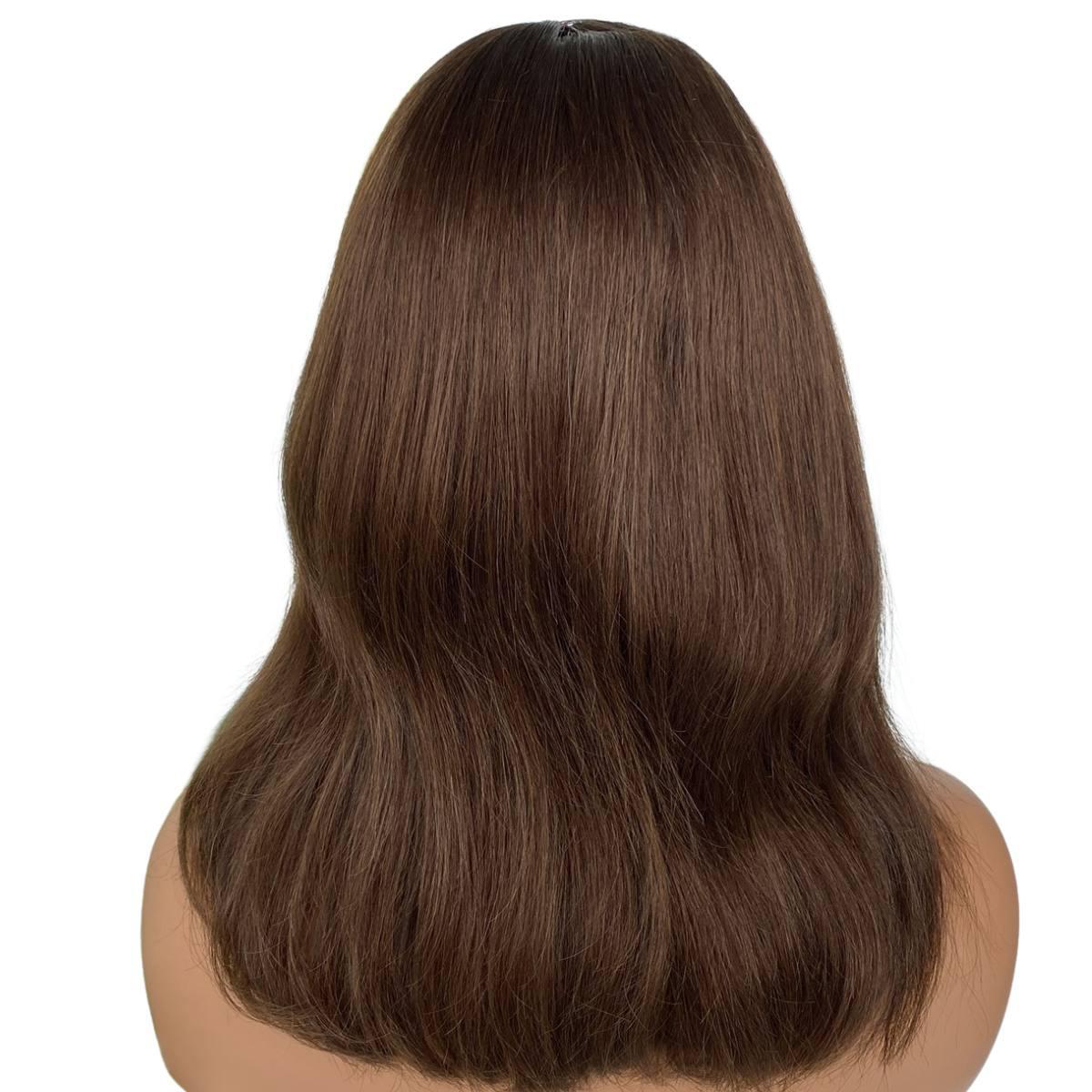 Medium Brown Straight 100% Human Hair Capless Bang Wig - Natural Look for Everyday Wear & Cosplay