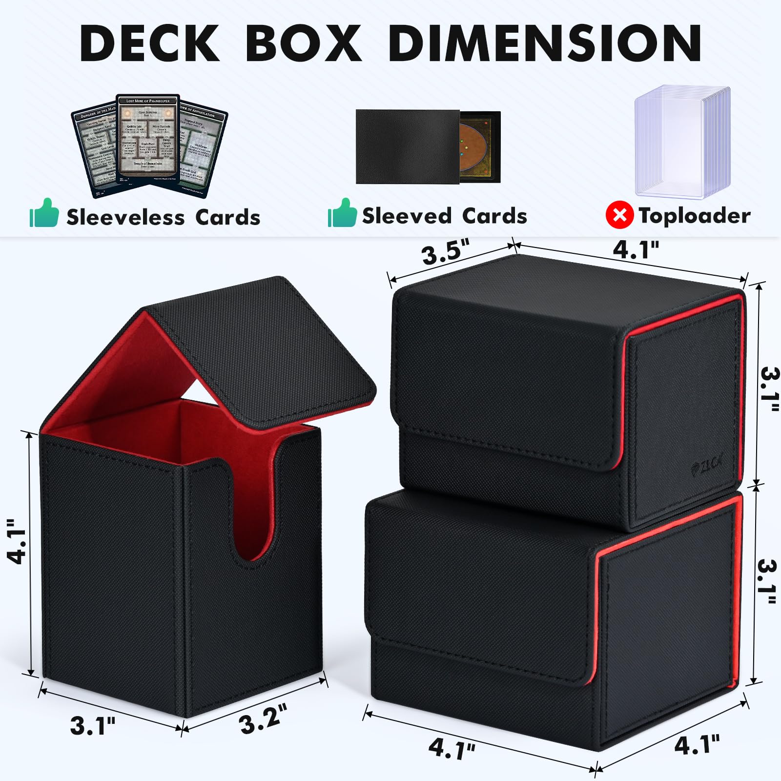 Premium ZLCA Trading Card Deck Box - Holds 100+ Single Sleeved MTG, YuGiOh, Pokemon & TCG Cards | PU Leather Magnetic Closure Storage Case for Magic The Gathering, CCG Games (Black & Red) - Perfect for Tournaments, Game Nights & Collectors
