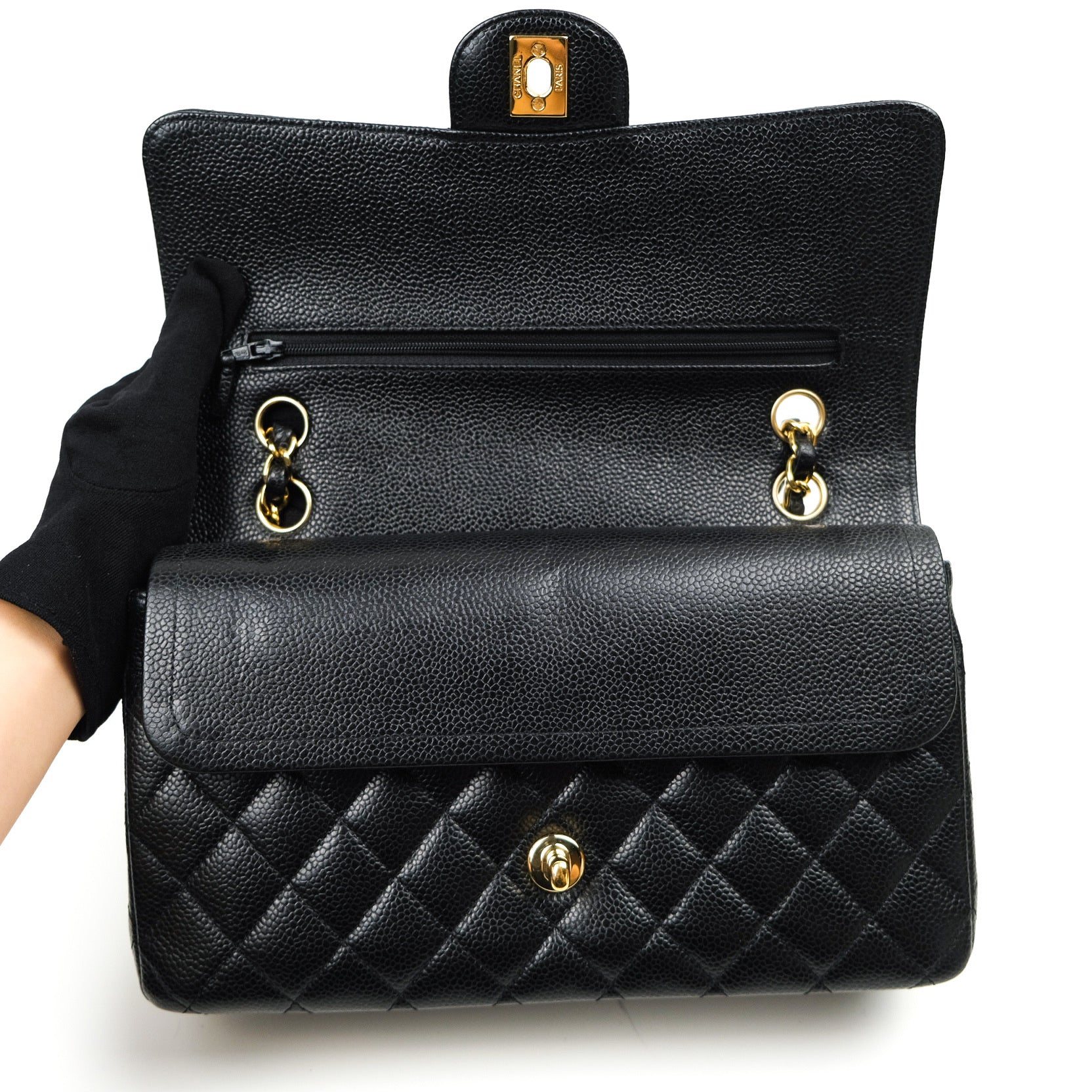 Chanel Classic M/L Medium Double Flap Bag in Black Caviar Leather with 24K Gold Hardware - Luxury Handbag for Women, Perfect for Work, Evening Events & Special Occasions