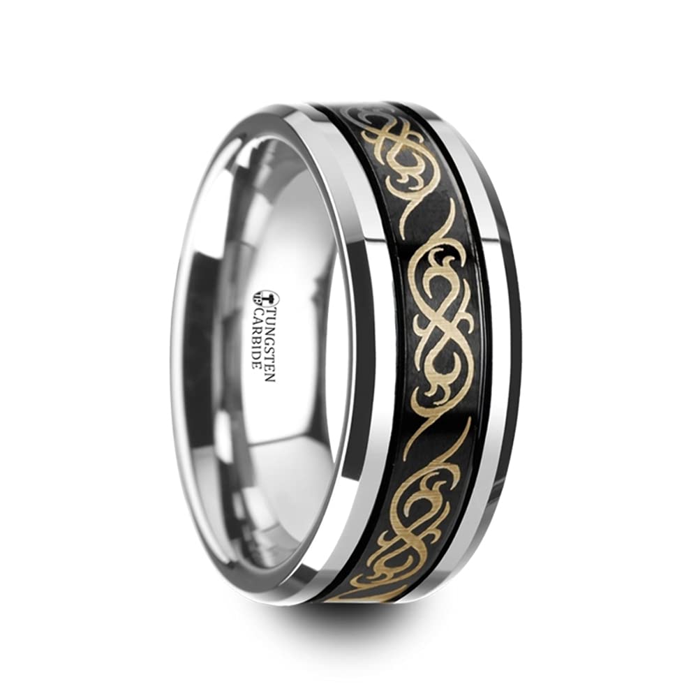 Raizen 9mm Tungsten Carbide Men's Wedding Band Ring with Dual Offset Grooves, Celtic Engraved Pattern & Beveled Edges – Durable & Scratch-Resistant for Everyday Wear, Anniversary Gifts & Special Occasions