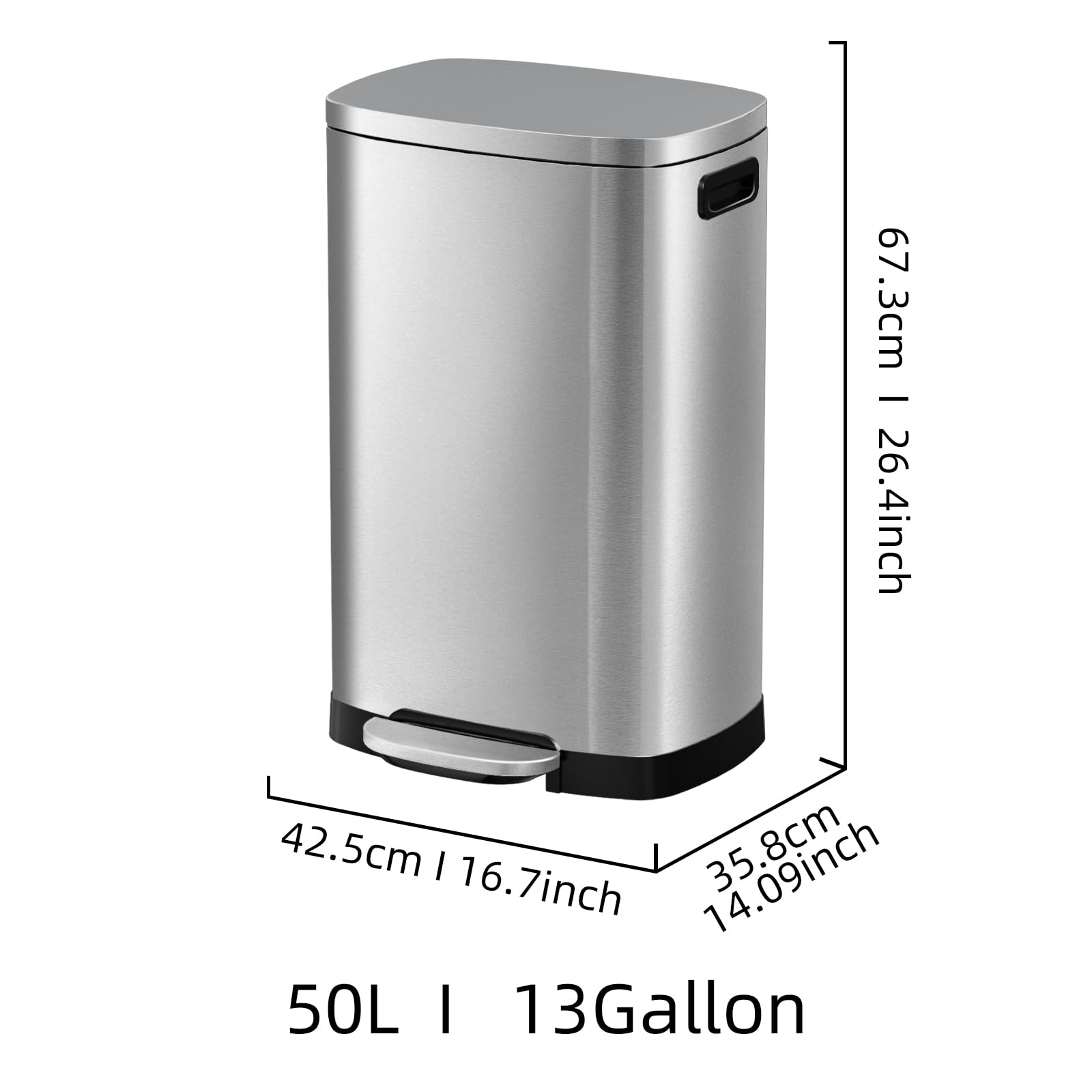 13 Gallon Stainless Steel Trash Can with Lid - 50L Fingerprint Proof Kitchen Garbage Bin, Removable Inner Bucket & Soft Close Pedal - Ideal for Home, Office & Restaurant Use