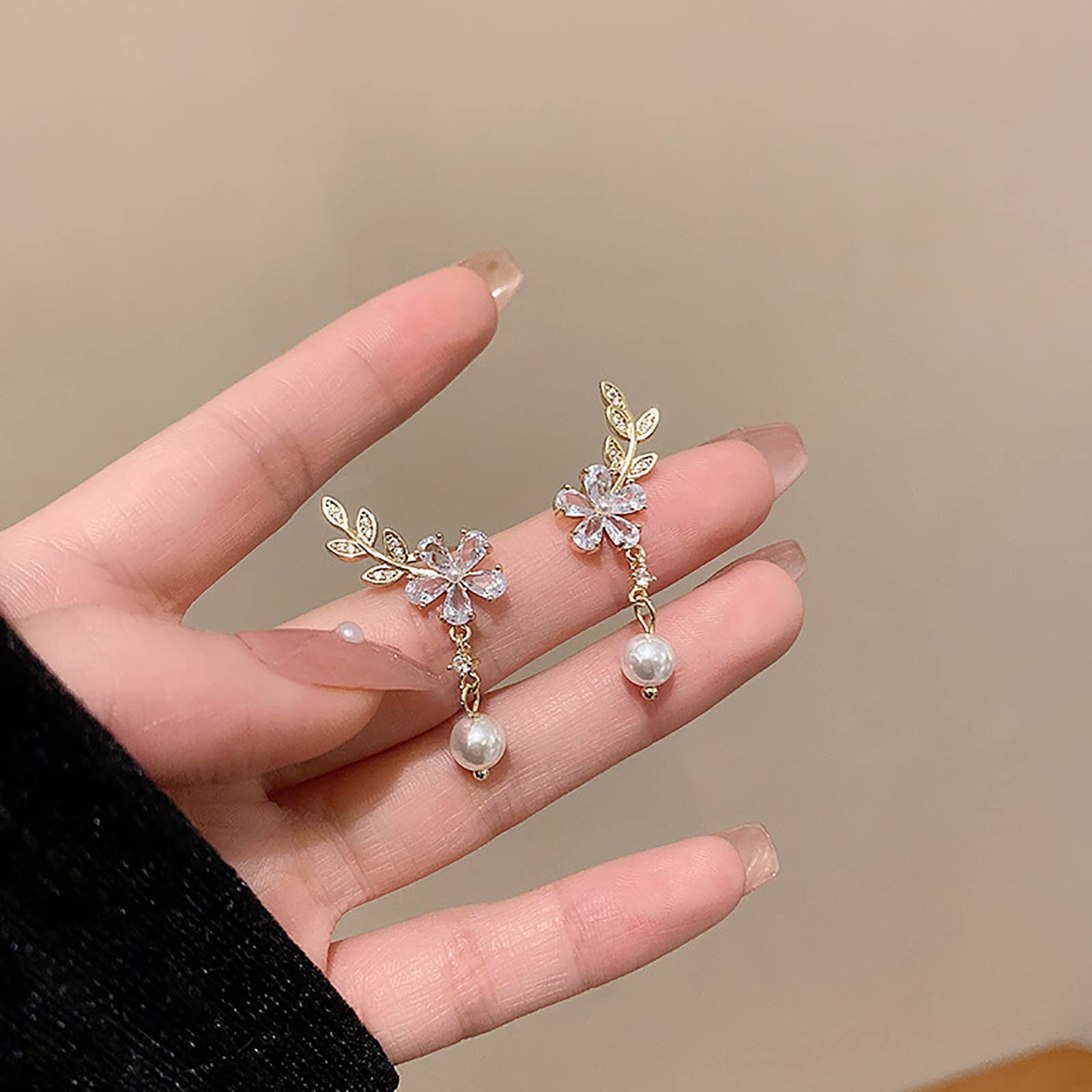 Sparkling Cubic Zirconia Flower Drop Dangle Crawler Earrings for Women - Rhinestone Crystal Stud Climber Cartilage Earrings with Tassel Chain - Perfect for Bridal, Wedding, Party & Evening Occasions (Pearl Flower Design)