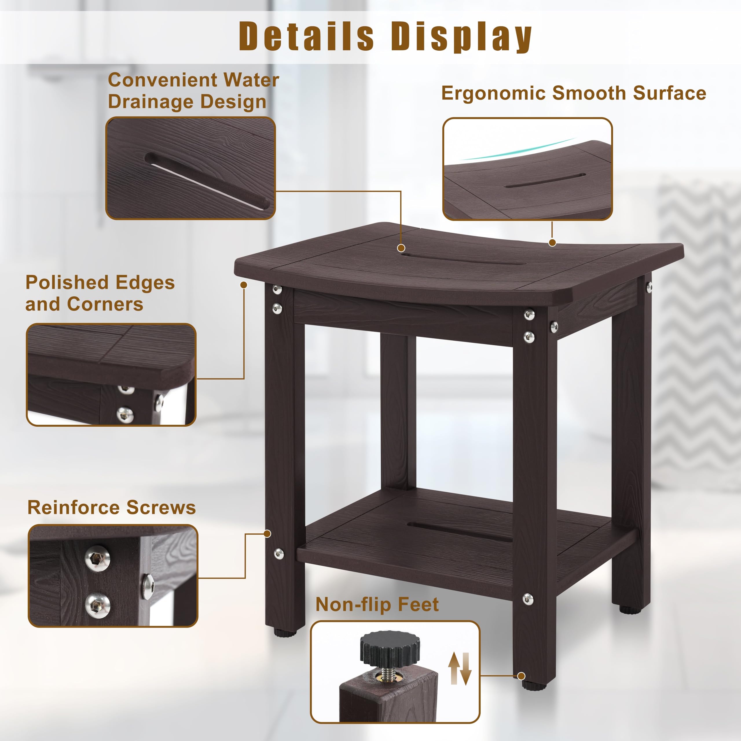 Y&M Shower Bench for Elderly & Disabled - Waterproof HDPE Shower Seat with Storage Shelf - Indoor & Outdoor Bathroom Shower Chair for Sitting & Resting - Espresso - Perfect for Seniors, Post-Surgery Recovery & Spa Relaxation