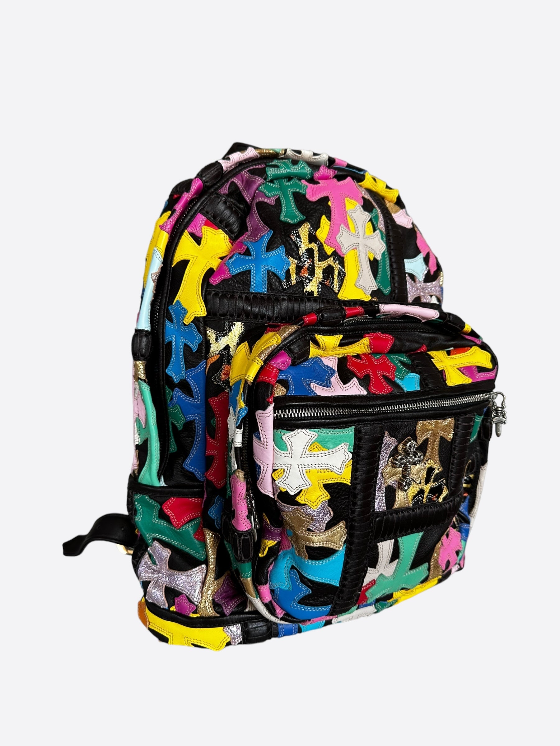 Chrome Hearts Black Multicolor Cross Patch Leather Backpack for Women & Men - Stylish Gothic Fashion Accessory for Travel, School & Daily Use