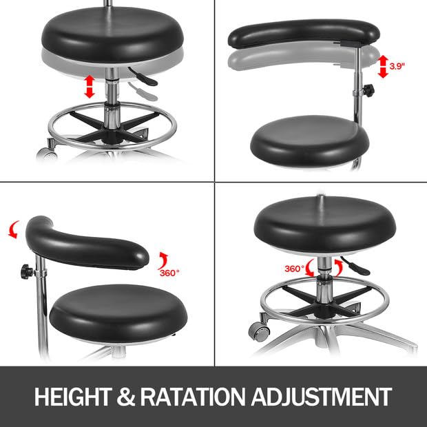 VEVOR Adjustable Dental Stool with 360° Swivel & PU Leather Armrests - Ergonomic Dentist Chair for Clinics, Hospitals & Home Dental Care - Height Adjustable Doctor Stool for Comfortable Patient Treatment