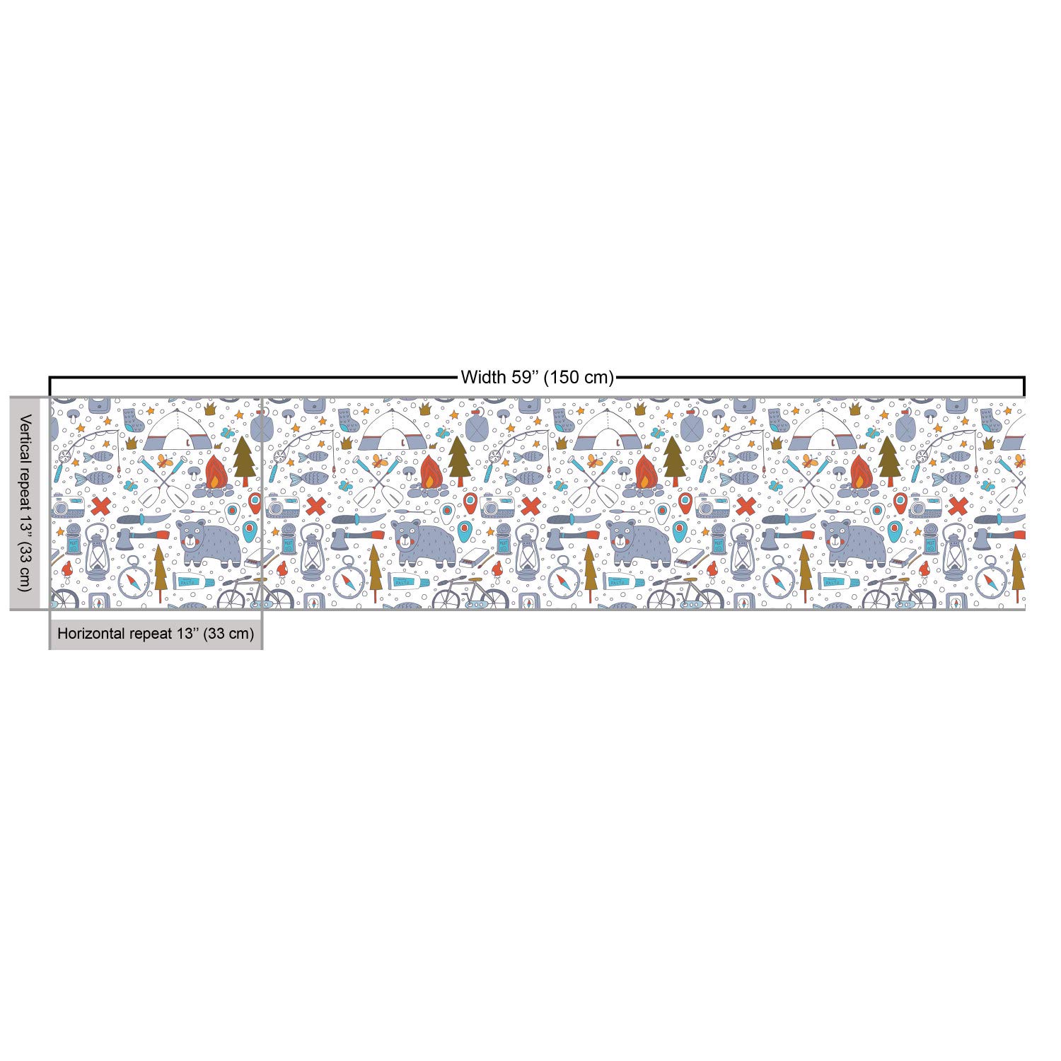 Lunarable Camping Fabric by The Yard - Cartoon Bear Tent & Compass Outdoor Hobby Print for DIY Upholstery, Home Decor (10 Yards, Vermilion Bluegrey) - Perfect for Backpacking Gear, Picnic Blankets & Nursery Curtains