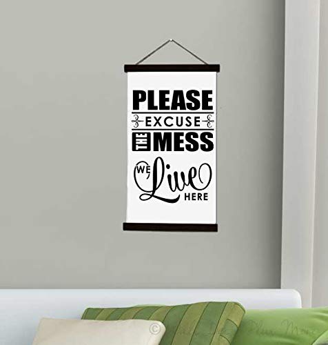 Black Wood Canvas Sign Wall Hanging - Please Excuse The Mess Kitchen Wall Art, Large 15x26-Inch, Perfect for Farmhouse Decor, Apartment Living, and Home Renovation Inspiration