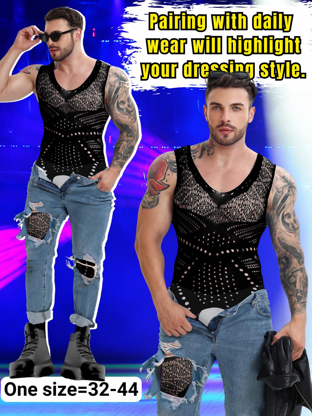 **Sexy Men's Lingerie - Fishnet Bodysuit & Lace Jumpsuit for Rave, Glow Party & Club Wear - Perfect Gift for Him**    *(Ideal for Valentine's Day, Bachelor Parties, Roleplay & Sensual Nights)*