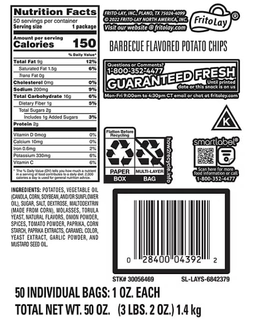 Lay's Barbecue Flavored Potato Chips - 50 Count Bulk Pack - Perfect for Parties, Snacking & Vending Machines