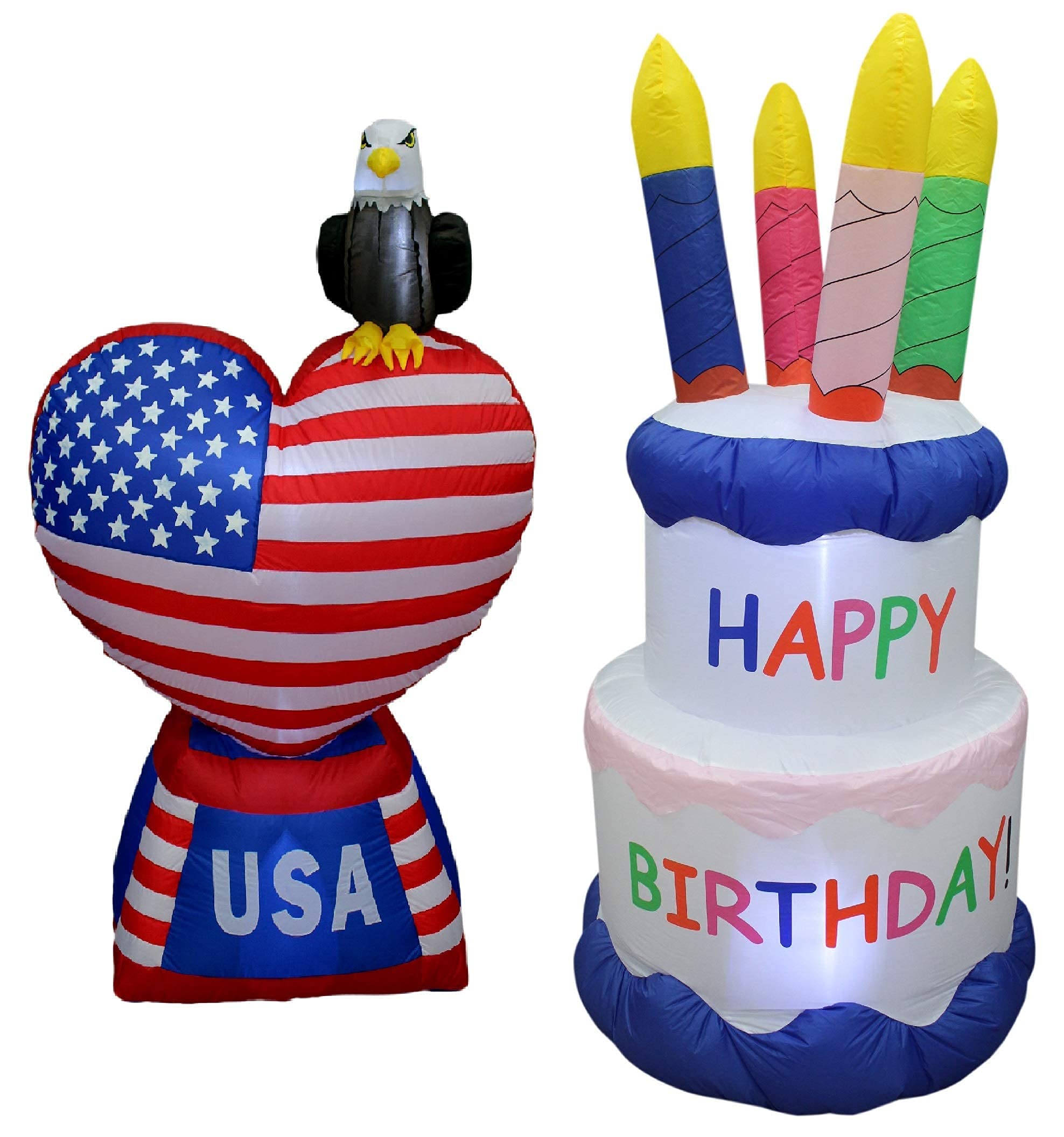 Patriotic & Birthday Party Decorations Bundle - 5ft Inflatable American Flag Heart with Bald Eagle & 6ft Happy Birthday Cake with Candles - Perfect for 4th of July Celebrations, Independence Day Parties & Birthday Events