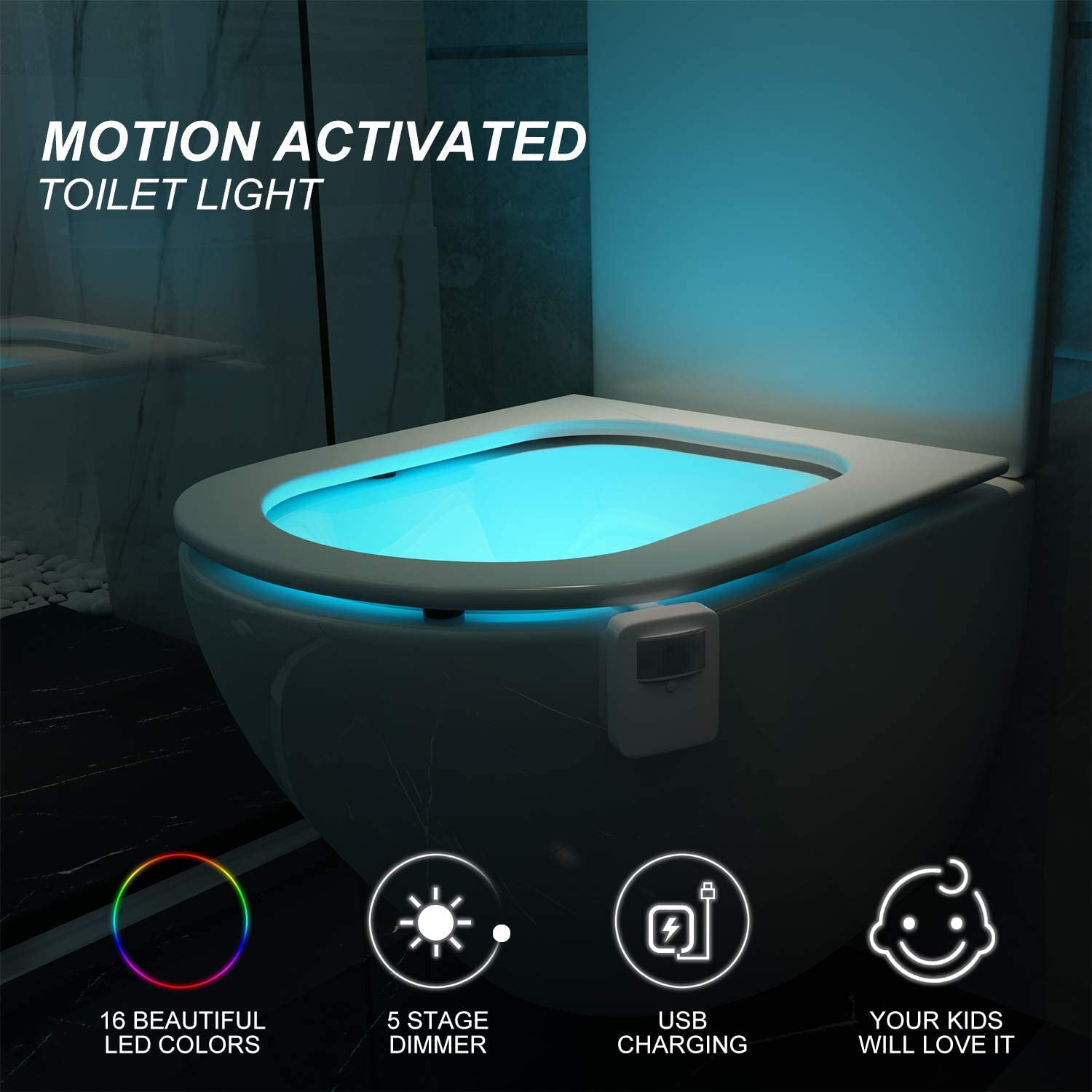 Rechargeable Motion Sensor Toilet Night Light - 16 Color Changing LED Bathroom Nightlight for Kids, Teens, Adults - Perfect for Safe Nighttime Bathroom Visits & Father's Day Gifts