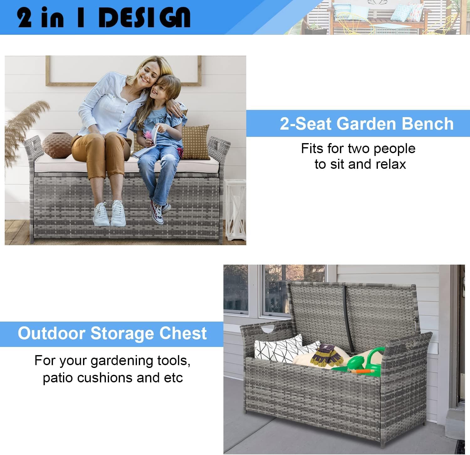 Pvillez PE Rattan Outdoor Storage Bench with Comfy Beige Seat Cushion - 33 Gallon Grey Wicker Deck Storage Box for Patio, Porch, Garden, Balcony - Perfect for Storing Yard Tools, Pool Toys & Outdoor Cushions | Weather-Resistant & Space-Saving Solution