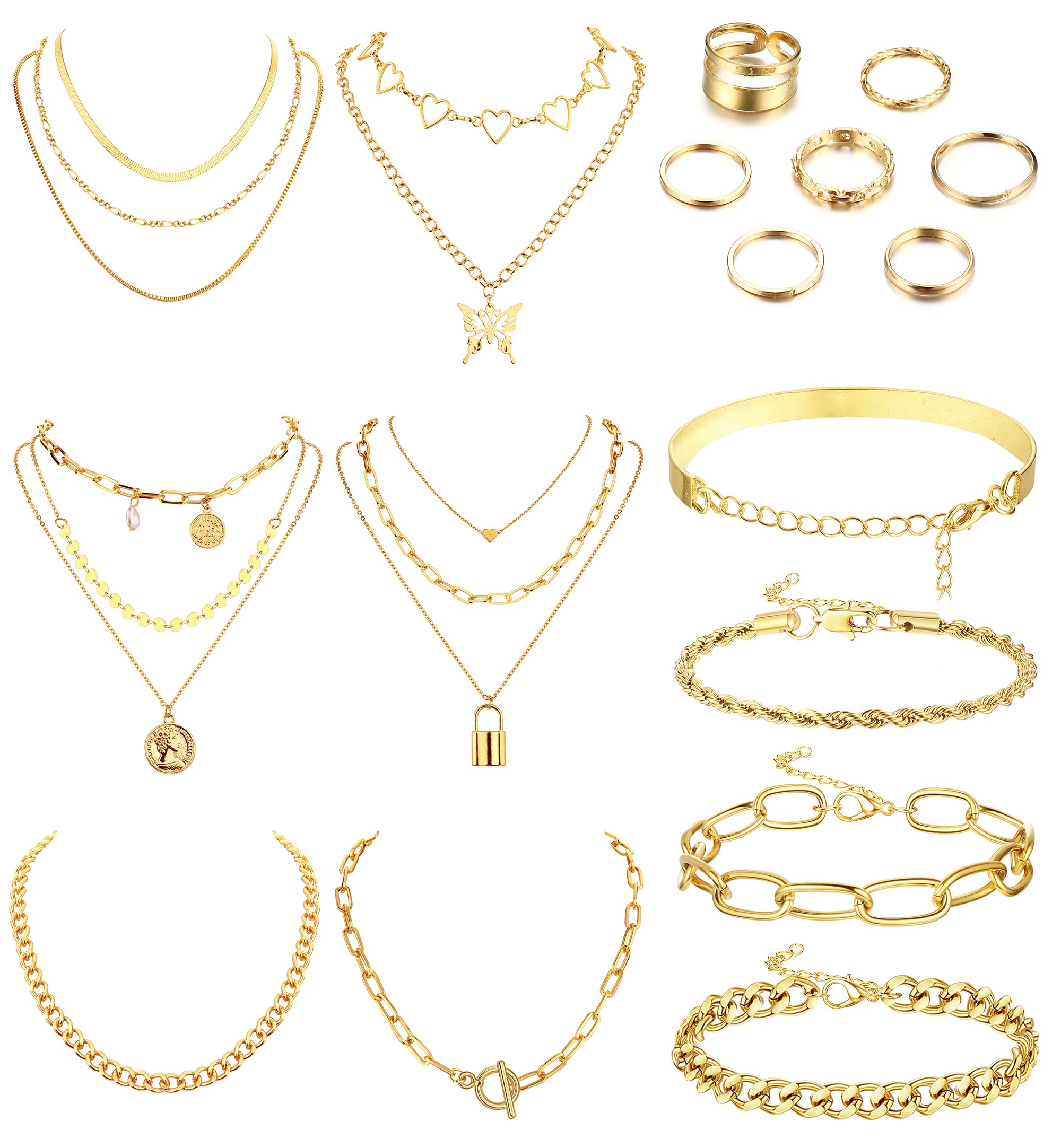 Sanfenly Women's Gold Jewelry Set - Layered Necklace, Chunky Bracelet & Knuckle Ring Set - Elegant Costume Accessories for Parties, Weddings & Daily Wear