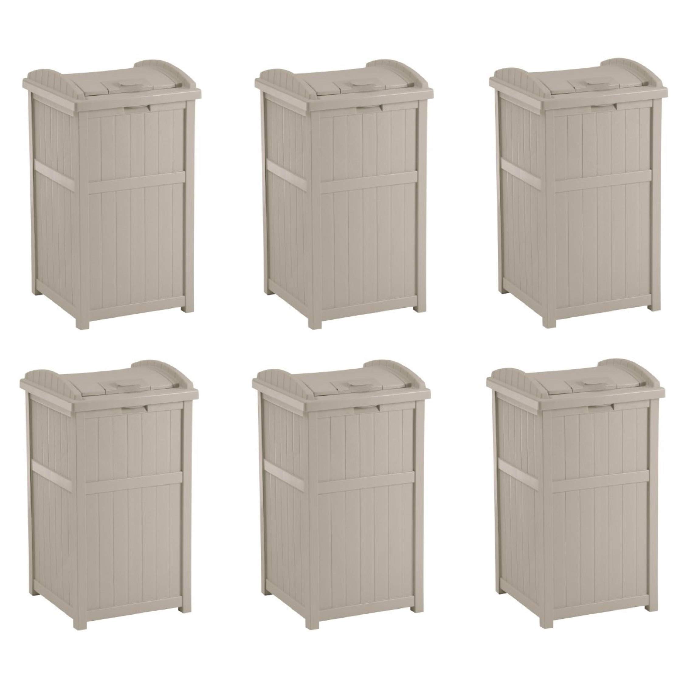 Suncast 33 Gallon Outdoor Trash Hideaway - Durable Resin Garbage Bin with Lid, Taupe (6 Pack) - Perfect for Patio, Backyard, and Garage Waste Storage
