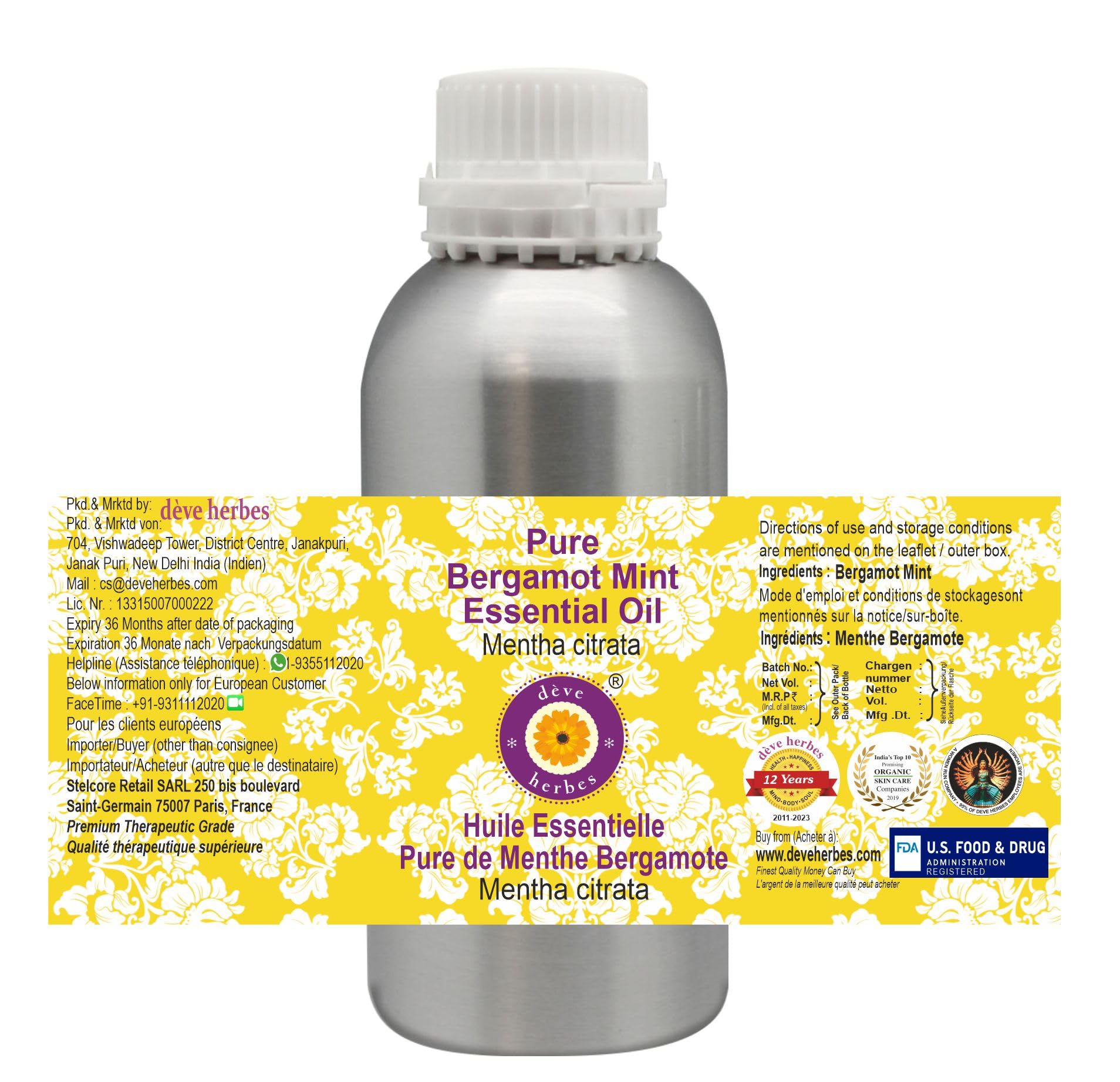 Pure Bergamot Mint Essential Oil (Mentha Citrata) - 1250ml (42 oz) Steam Distilled for Aromatherapy, Diffusers & Skin Care | Deve Herbes Natural Essential Oils