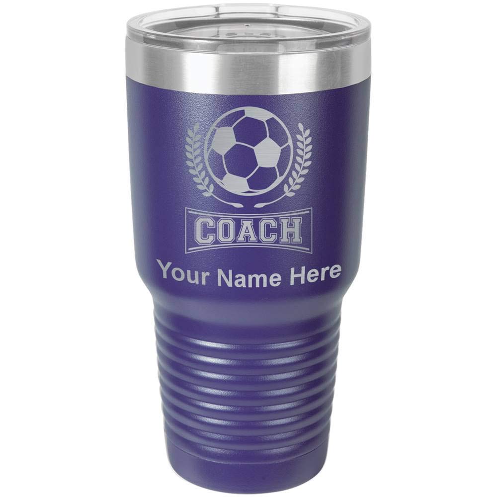 LaserGram 30oz Vacuum Insulated Stainless Steel Tumbler Mug with Leak-Proof Lid - Custom Engraving for Soccer Coaches (Dark Purple) - Perfect for Coffee, Tea & Cold Drinks at Games, Practice & Office