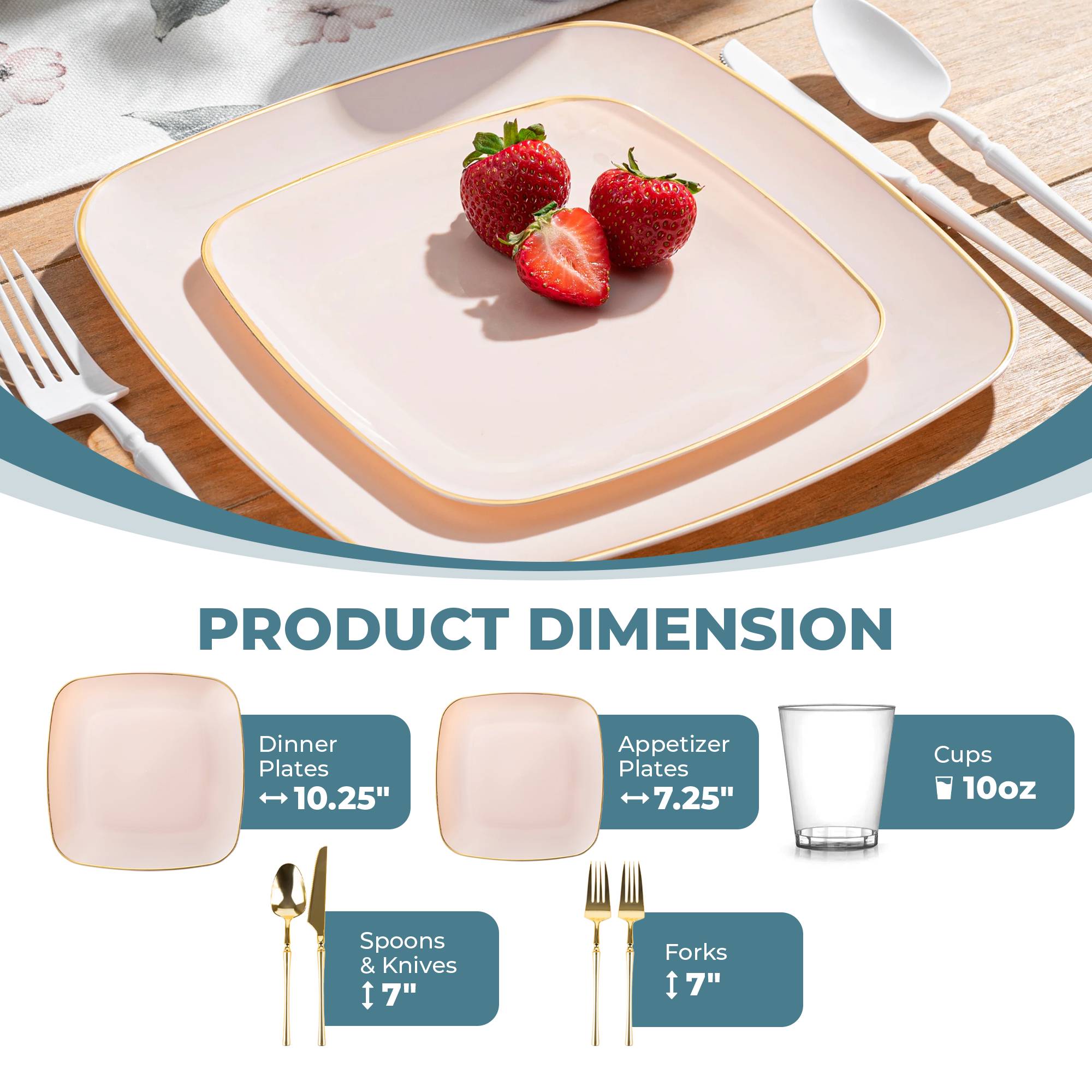 Pink and Gold Plastic Party Bundle - Classic Square Plates, Cups, and Cutlery Set for Birthday, Wedding, and Baby Shower Celebrations