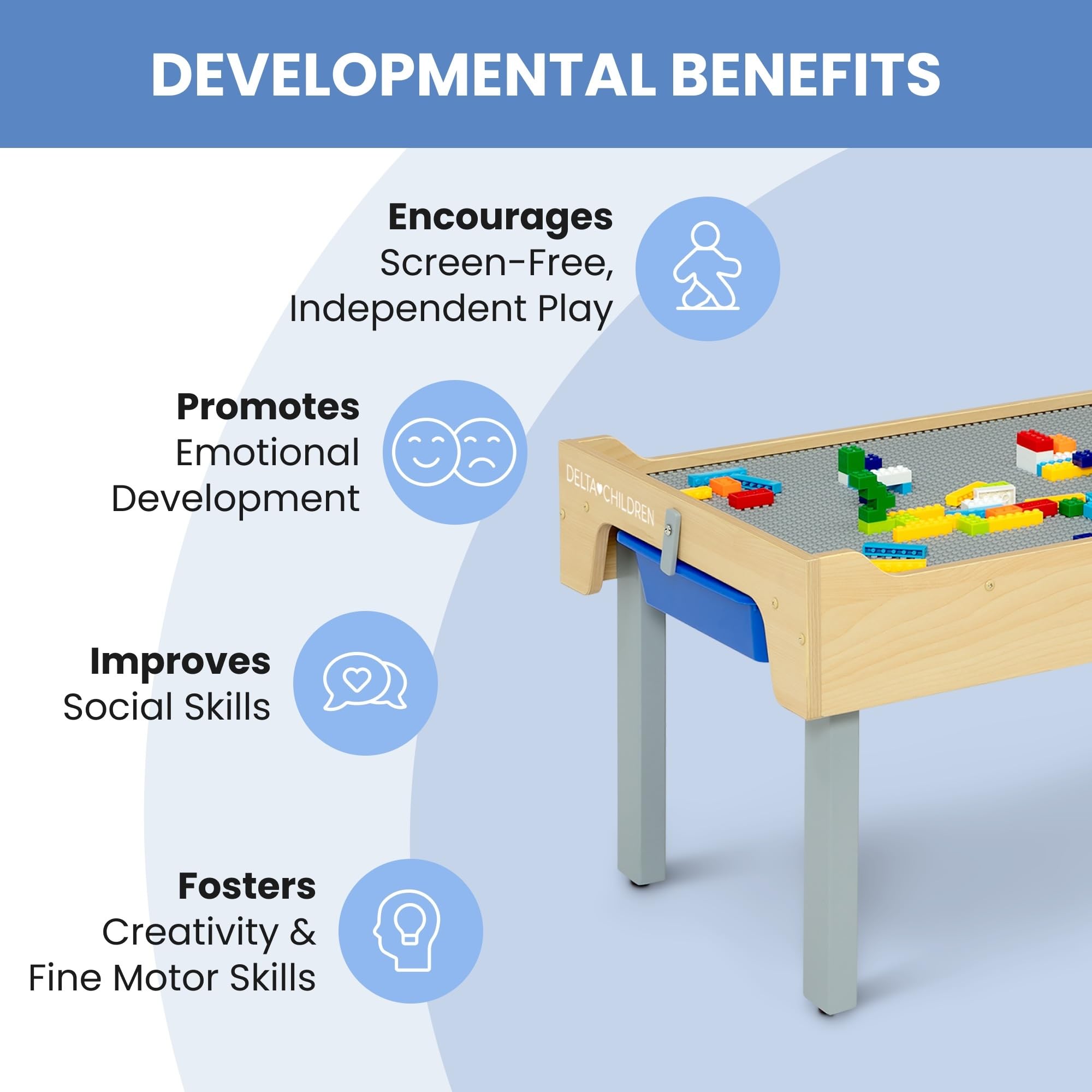 Delta Children Play N Store Building Bricks Play Table with 100+ Bricks - Large LEGO-Compatible Base Plate - Foldable Legs for Storage, Grey - Perfect for Kids Playroom, Preschool Learning & Creative Building Activities