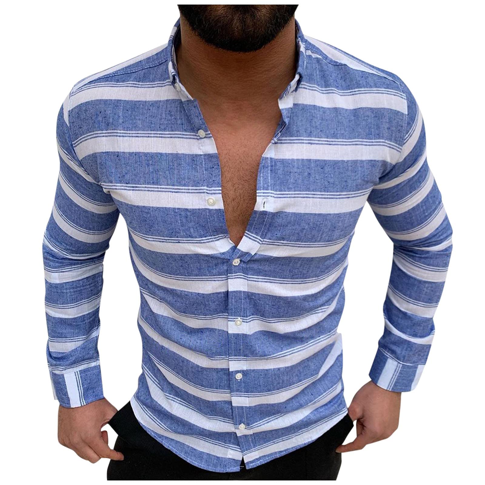 JSFYOU Men's Striped Button Down Shirt - Long Sleeve Stand Collar Retro Casual Shirt for Work, Beach & Hawaiian Style | Office Wear, Vacation Outfits & Summer Fashion