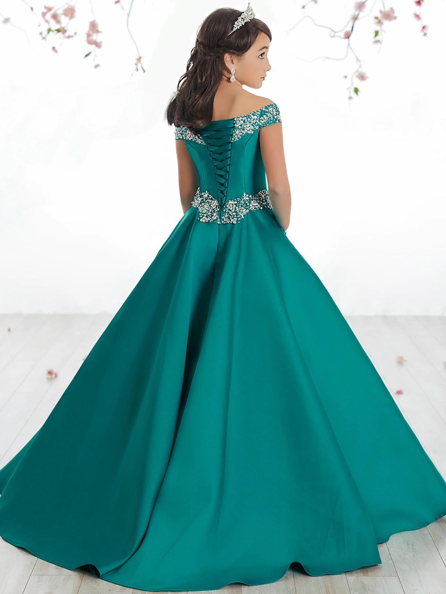 Off The Shoulder Girls Pageant Dresses Satin Long Princess Birthday Party Dress with Pockets - Elegant Formal Gown for Pageants, Quinceañeras, Prom & Special Occasions
