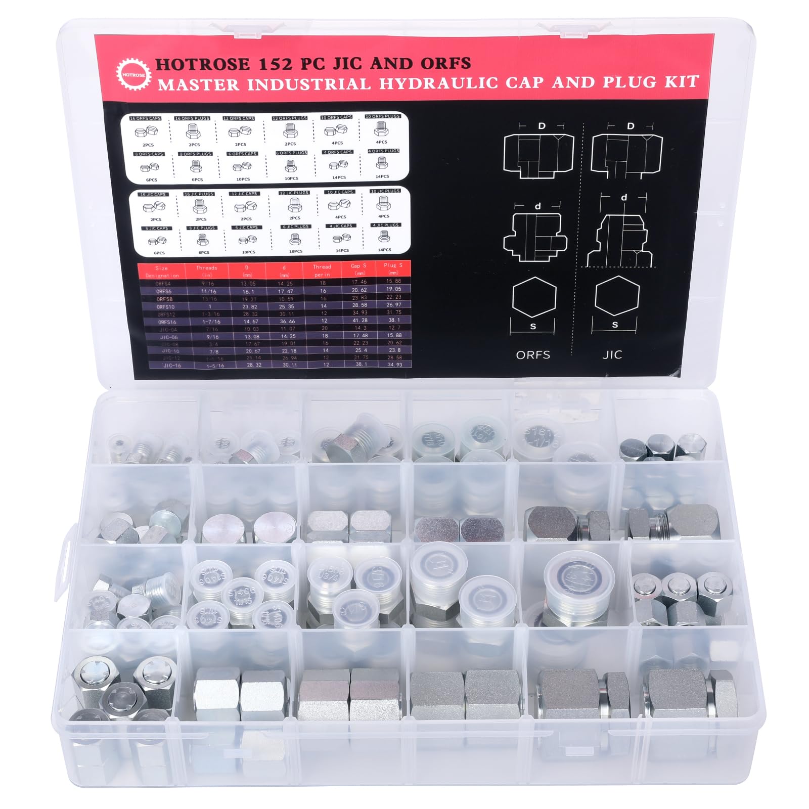 152 PCS JIC & ORFS Hydraulic Cap and Plug Kit - Industrial Hose, Tube & Pipe Fittings Set with Precision Threading (ORFS Flat Face & JIC 37° Dash Sizes 4-16) - Ideal for Hydraulic System Maintenance, Repair & Fluid Line Protection