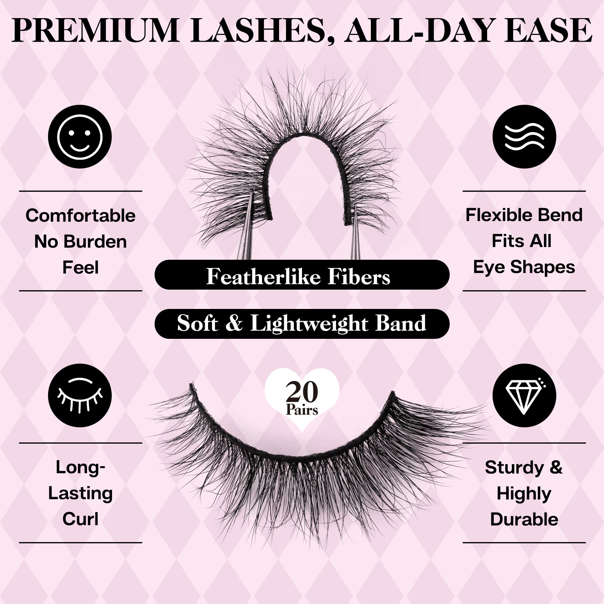 Natural Look False Eyelashes 20 Pairs - Wispy Fluffy Faux Mink Lashes, Soft Reusable Cat Eye Strip Lashes (HS01) | Perfect for Daily Wear, Parties, Weddings & Special Occasions