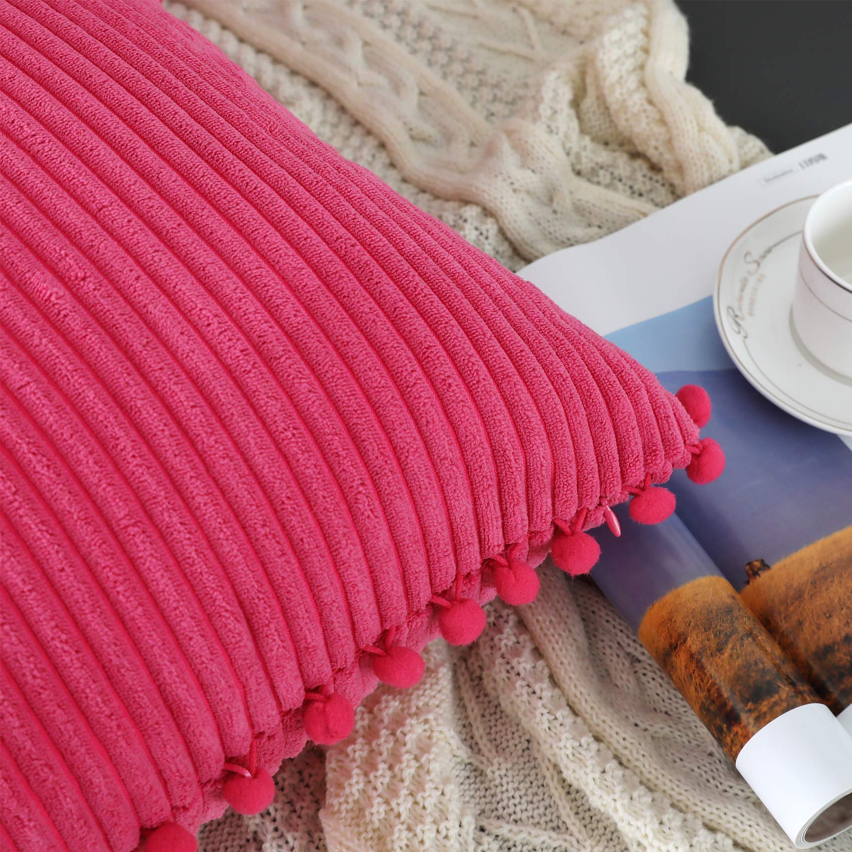 Soft Striped Boho Farmhouse Decorative Throw Pillow Covers 20x20 Inch - Hot Pink with Pom Poms (Pack of 2) for Couch, Sofa, Bed, Chair & Outdoor Use - Perfect for Living Room, Bedroom & Patio Decor