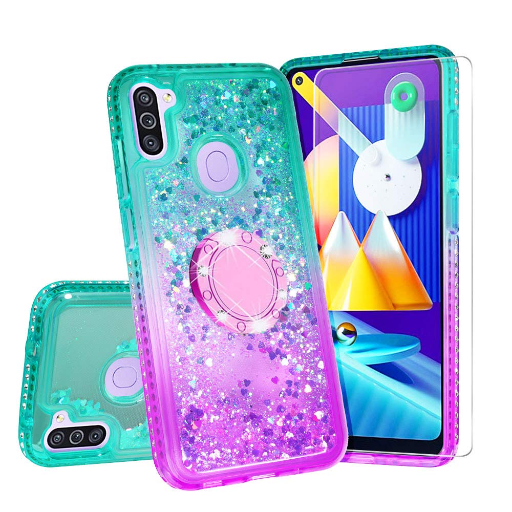 SOGA Rhinestone Liquid Quicksand Phone Case for Samsung Galaxy M11 - Sparkly Glitter Cover with Embedded Ring for Magnetic Car Mount & Lanyard, Cute Protective Case for Girls (Purple/Teal) - Perfect for Daily Use, Work, School & Travel