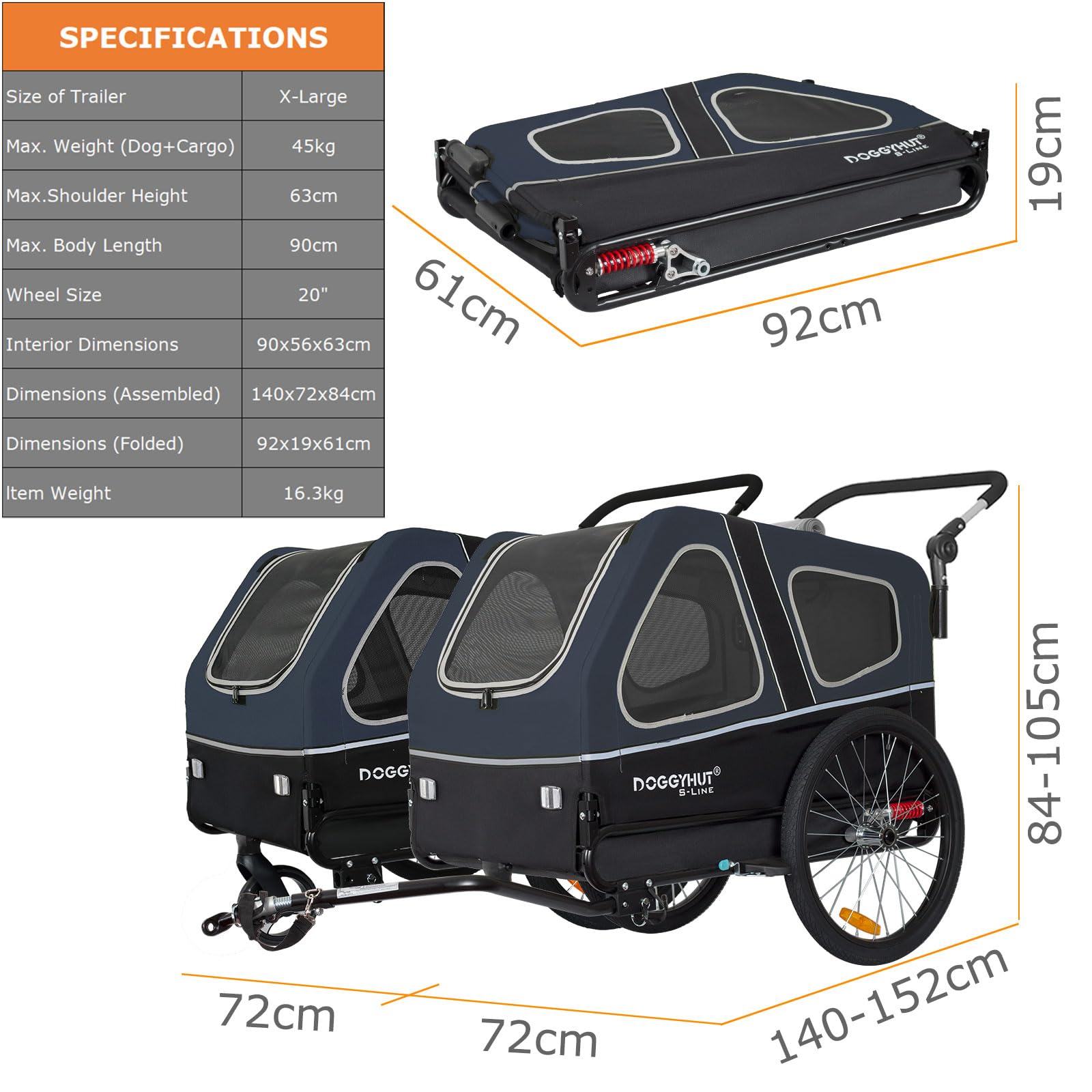 DOGGYHUT® S-Line XL Pet Bike Trailer & Stroller for Large Dogs Up to 100 lbs - Foldable Dog Cart with Suspension Wheels, Low Center Gravity & Parking Brakes - Perfect for Cycling, Jogging & Outdoor Adventures with Your Dog