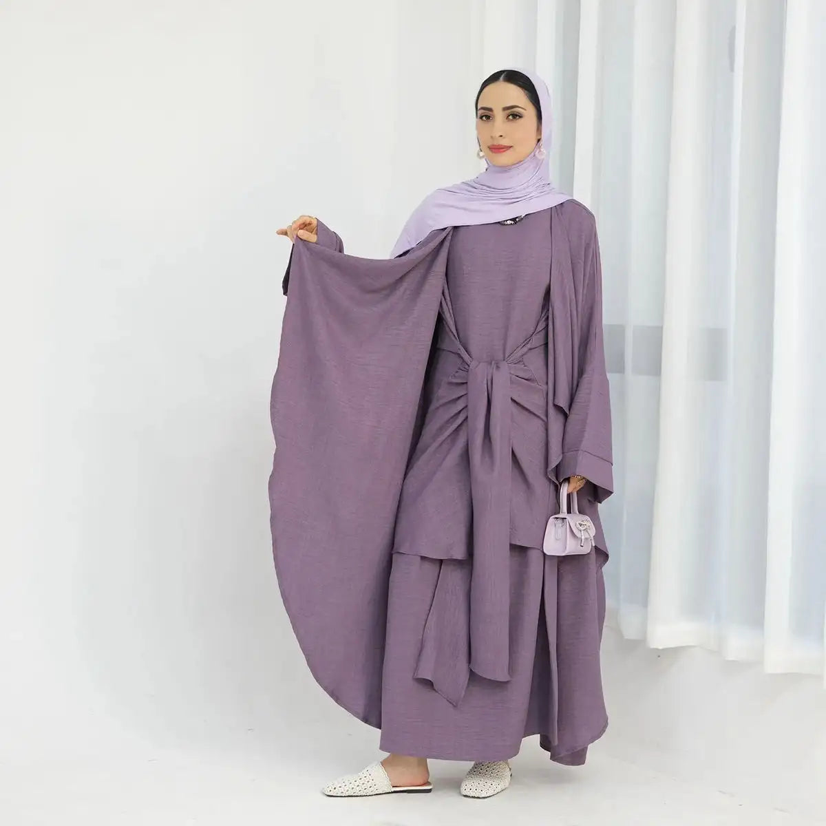 2-Piece Wrinkle-Free Open Abaya Dress Set with Inner Sleeveless Dress - Modest Muslim Fashion for Prayer, Eid, and Special Occasions