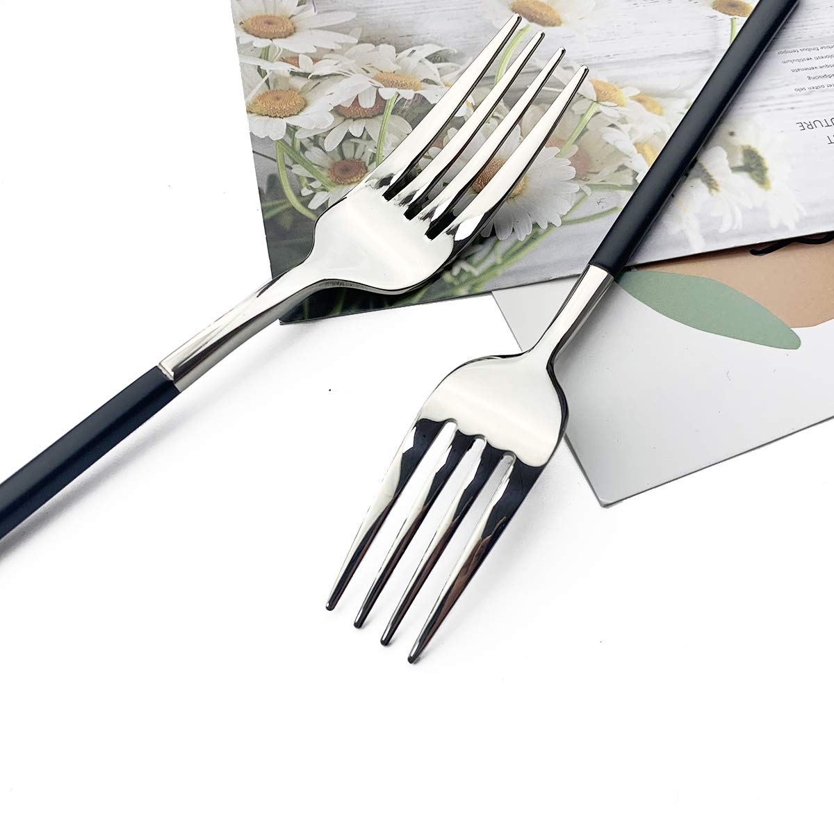 Premium JASHII 5-Piece Modern Silverware Set - 18/10 Stainless Steel Elegant Flatware with Square Edge - Mirror Polished & Dishwasher Safe (Black Silver) - Perfect for Fine Dining, Wedding Gifts & Upscale Kitchen Utensils