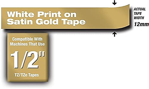 Brother TZMQ835 Satin Gold Label Tape - White Text on Gold, Perfect for Office Labeling, Home Organization & Craft Projects