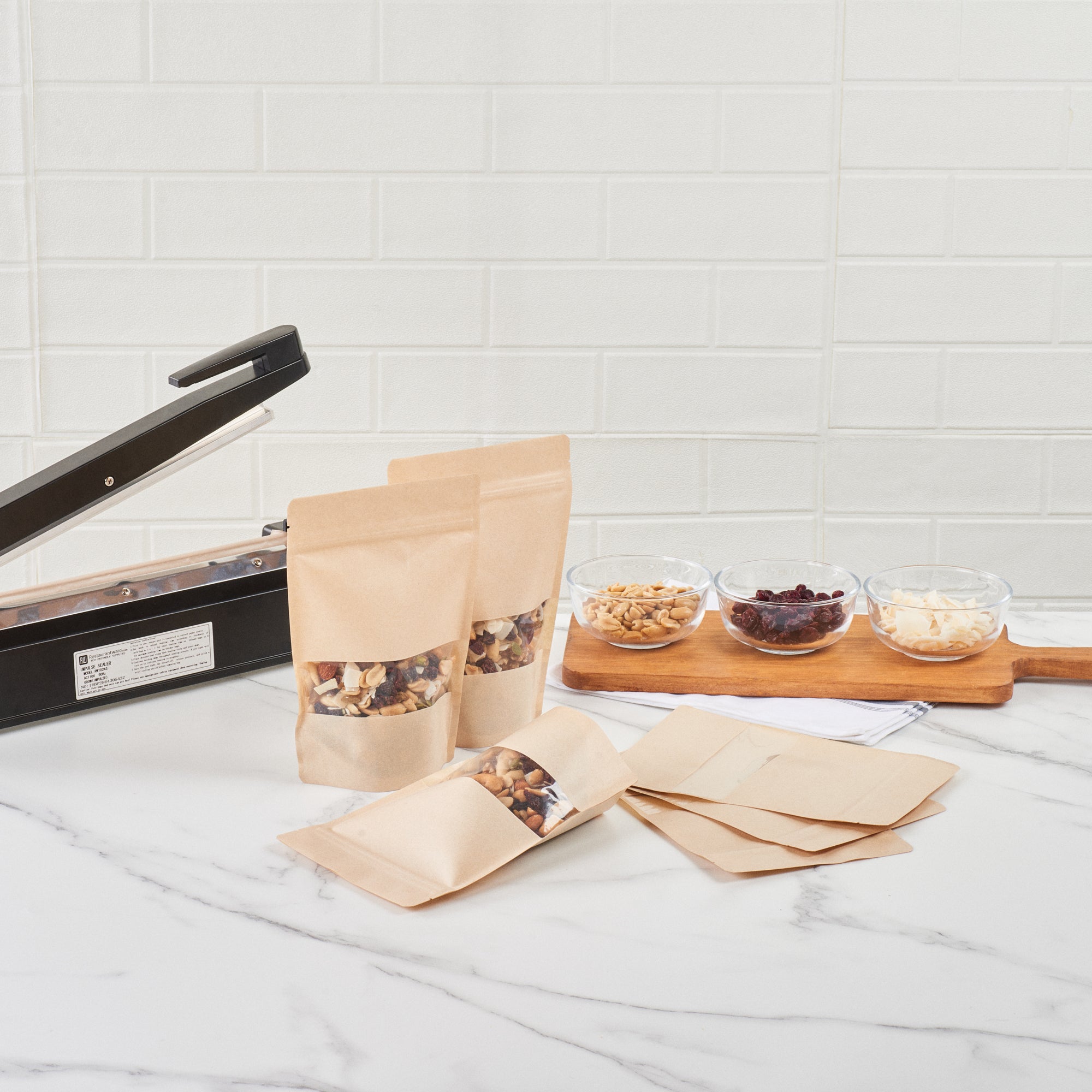 Kraft Plastic Large Window Bags with Heat Sealable Feature - 9 x 6 x 1.5 Inches - Pack of 100 - Perfect for Bakery, Coffee Beans & Retail Packaging