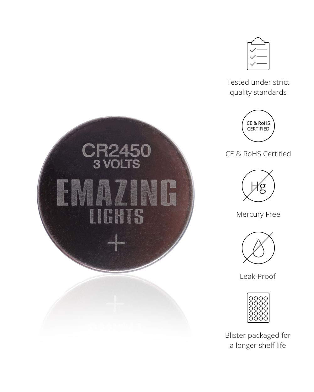 EmazingLights 60 Pack CR2450 3V Lithium Coin Cell Batteries - Long Lasting Multipack for Keyless Remote FOB, Electronic Candles, Watches & Calculators - Ideal for Home, Office & Car Use